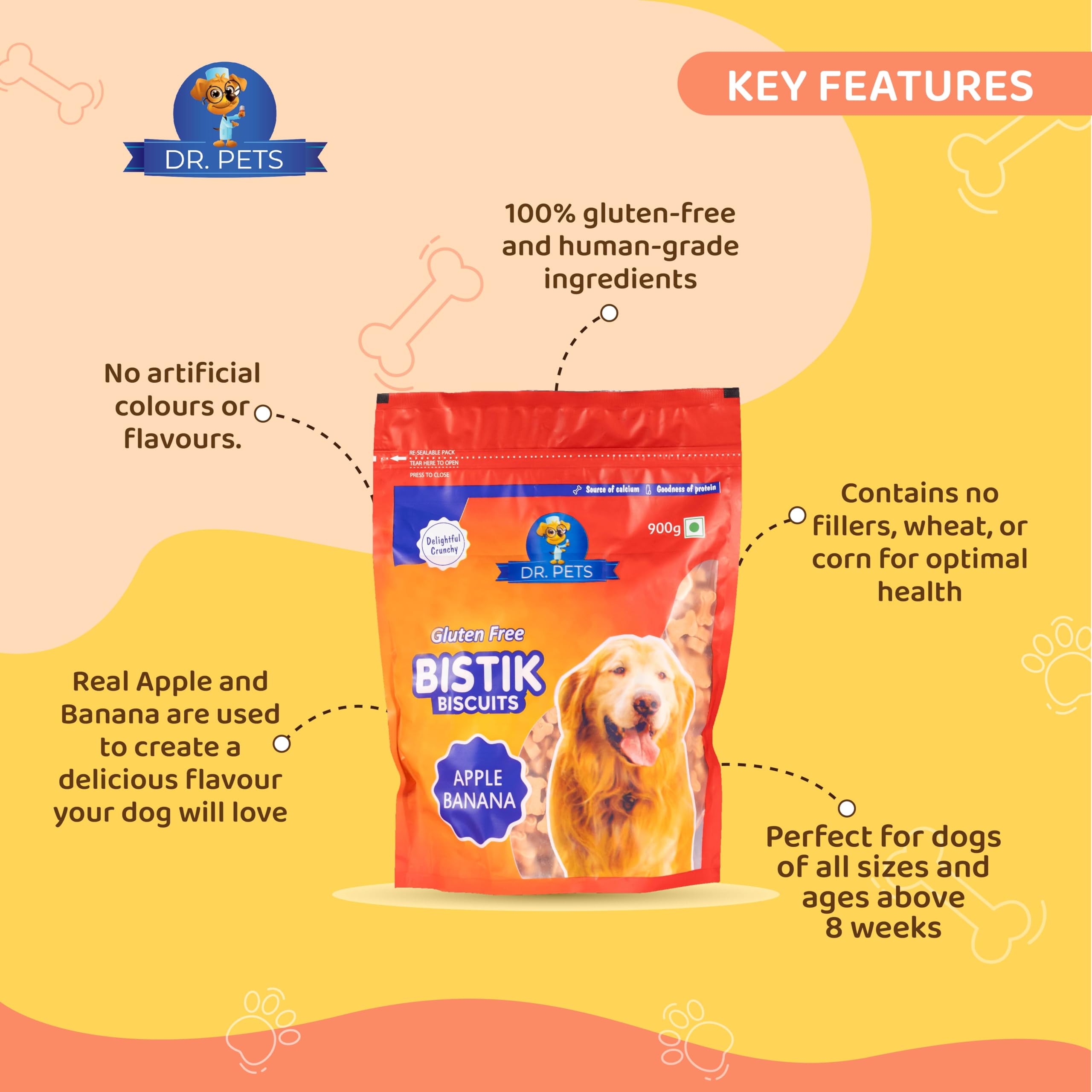 Dr. Pets Pack of 2 (900g Each) Bistik Dog Biscuits | Apple Banana & Pumpkin Carrot Flavour | Gluten Free Crunchy Dog Treats for Puppies & Adult Dogs | Healthy Training Snacks for All Breeds