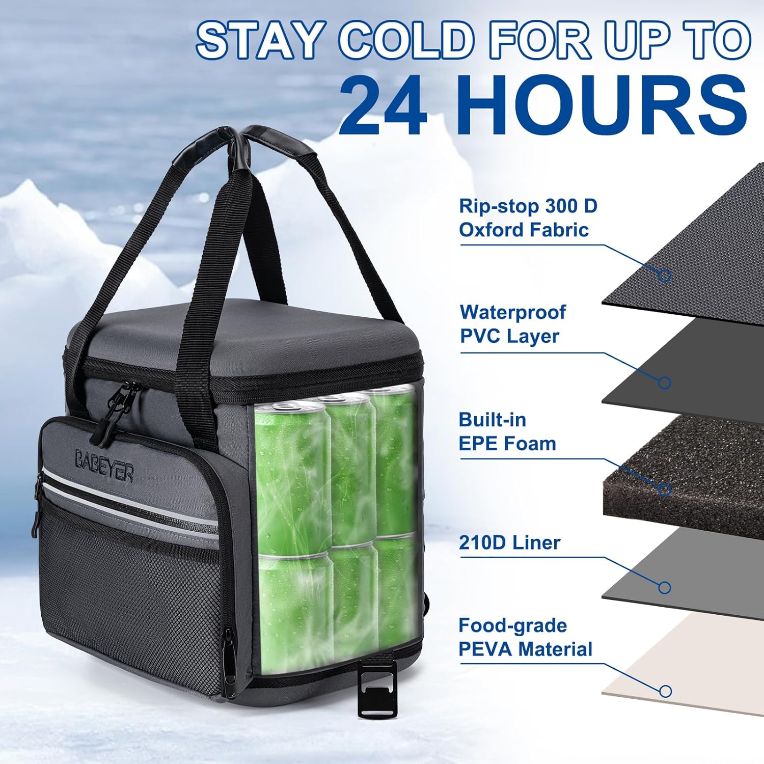 Soft Cooler Bag with Two Ice Packs,Collapsible Cooler for Travel with Adjustable Shoulder Strap,Large Capacity Leakproof Insulated Soft Sided Cooler Bag for Camping, Hiking, Picnic - Image 2