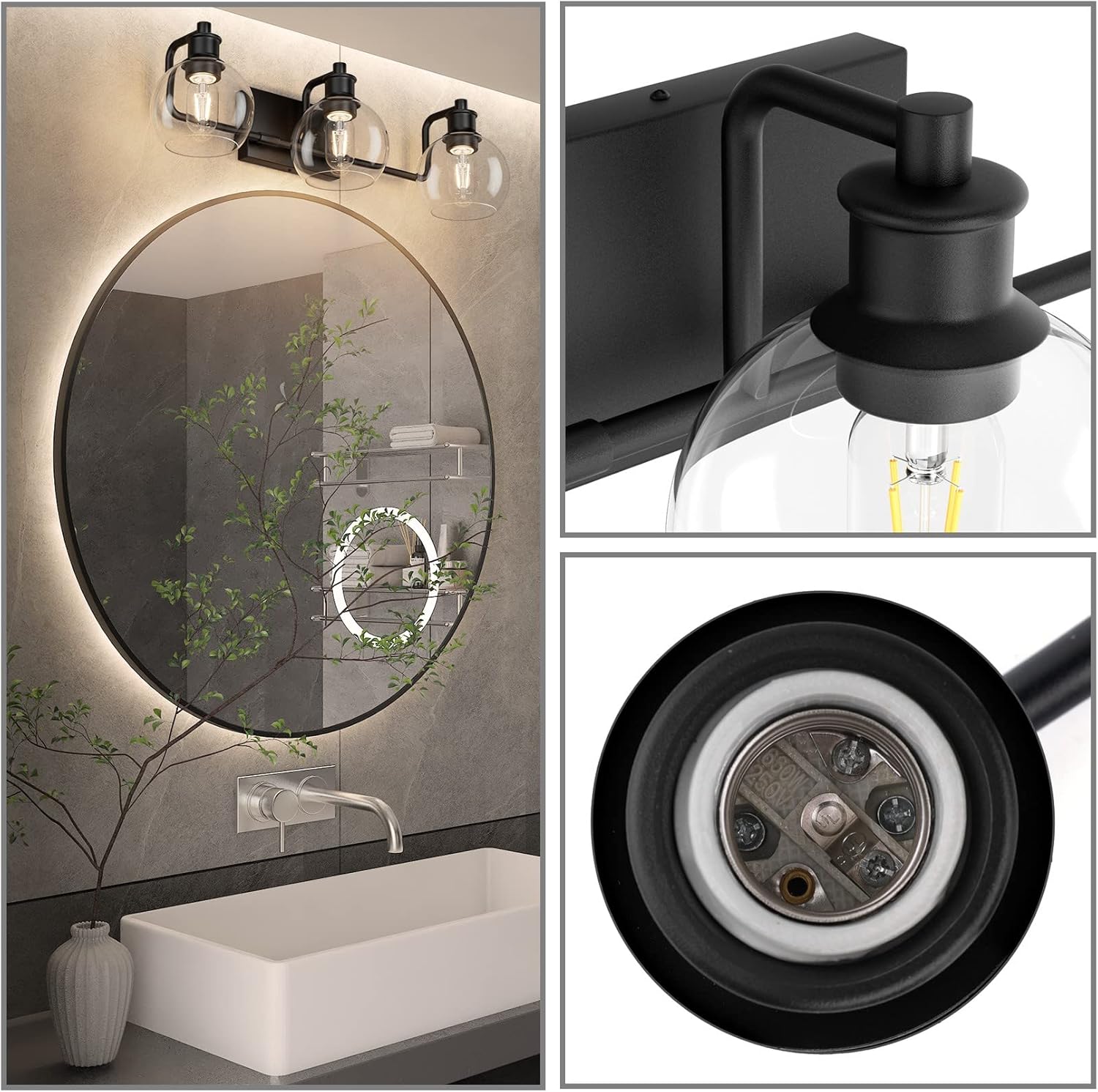 Tipace Black Vintage Bathroom Vanity Light Fixtures Over Mirror Glass Globe 3 Lights Industrial Vanity Lights Farmhouse Bath Lighting(Exclude Bulb)