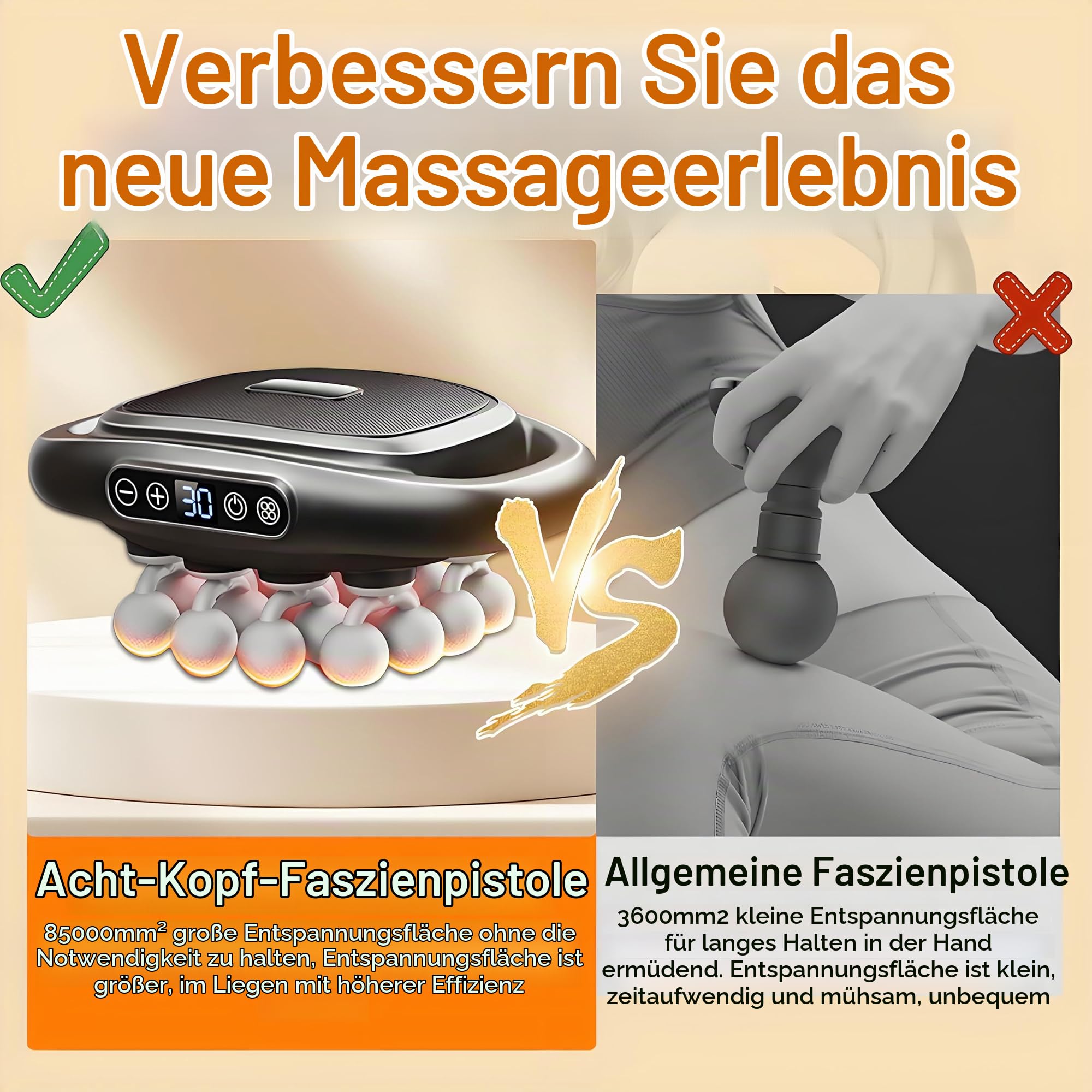 Massagepistole für rücken mit 16 Köpfen, 30 Stufen 3 Modi | 30 Intensitätsstufen großflächiges Tiefengewebe-Massagegerät leise (35dB) für Verspannungslösung Beine Arme Rücken