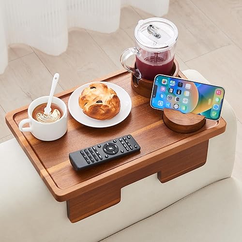 GEHE Real Acacia Wood Couch Armrest Table, 15.4"x9.8" Couch Arm