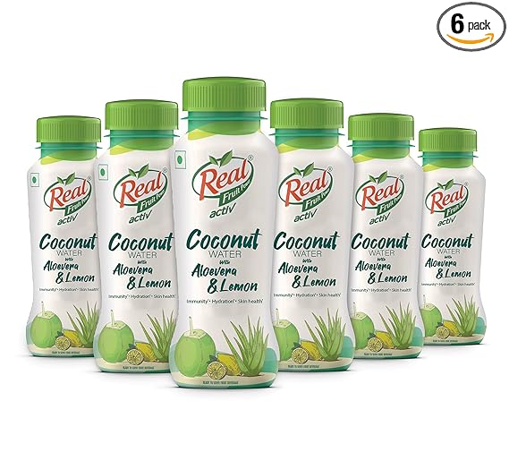 Real Activ Coconut Water with Aloe Vera and Lemon (Pack of 6, 200ml Each) | Hydrating & Refreshing Drink with Coconut Flavour | Good for Skin Health