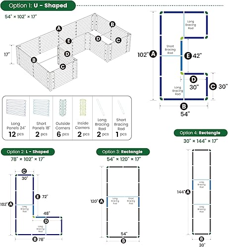 Miniatura 5 de Olle Juego de camas de jardín elevadas galvanizadas en forma de U 4 en 1 de 17 pulgadas de alto, forma de U, para jardinería, jardinería, maceta