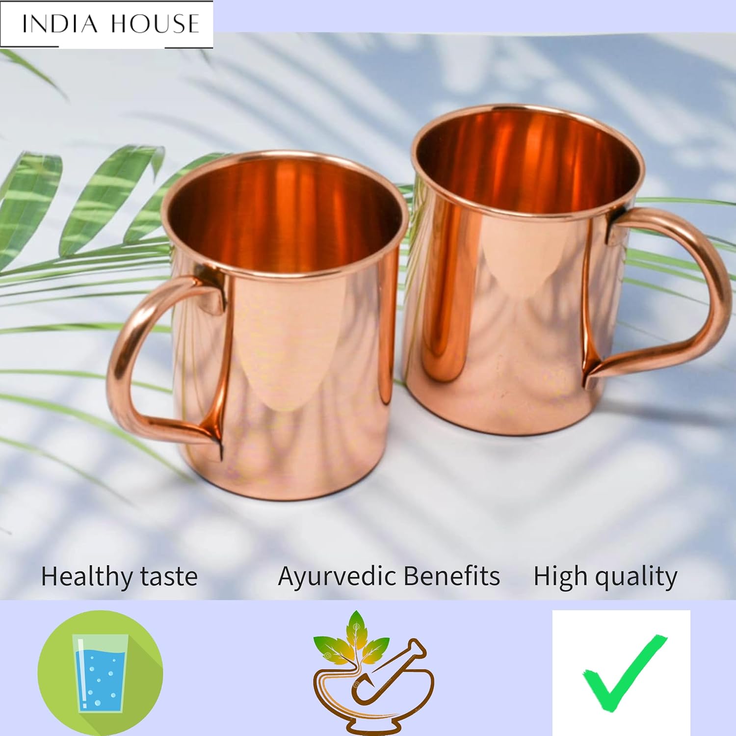 Moscow Mule Cup Set, 16 oz | Cocktail Cup Set | 100% Copper | Copper Glasses | Party Gift (pure copper plain smooth finishing set of 2 mugs (2 coaster, 2 straw free)