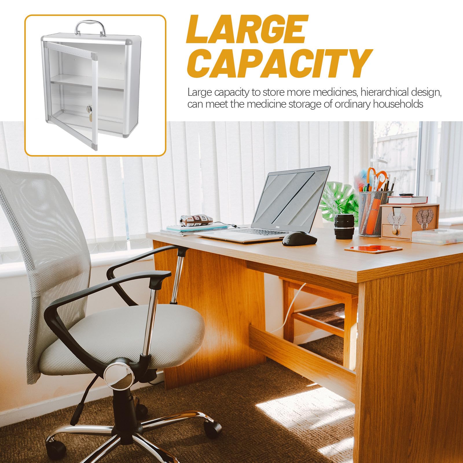 Cabilock Botiquín de Primeros Auxilios de Pared Diseño Jerárquico y Cierre de Seguridad, Gran Capacidad, Material de Aleación y Acrílico para Uso en Hogar y Oficina