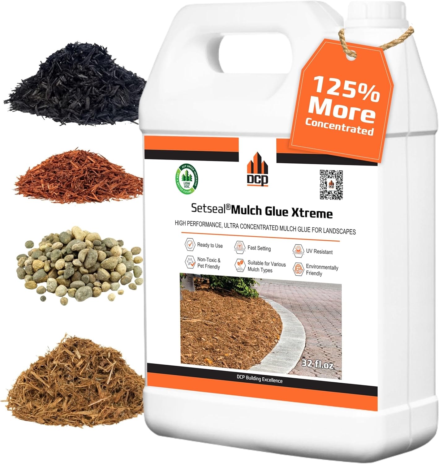 DCP Setseal Mulch Glue Xtreme 32 fl.oz. Concentrate - Gravel Stabilizer & Rock Glue for Landscaping - Binder for Mulch, Pine Straw, Pea Gravel, Pebble - UV Resistant, Fast Drying, Safe for Pets & Kids