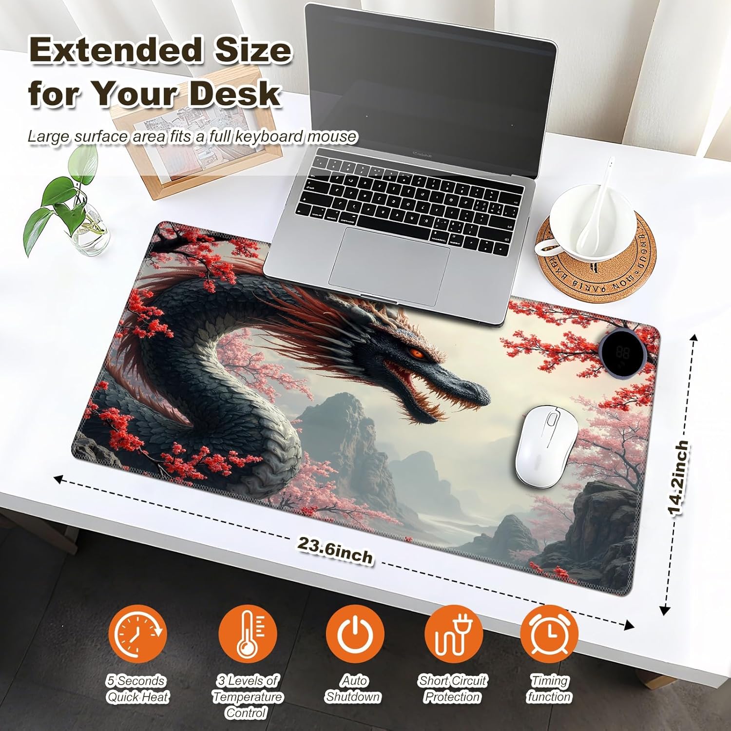 Heated Desk Pad Dragon Cherry Blossom Gaming Mouse Pad Warm Desk Mat with 3 Levels Heating 23.6" x 14.2" PU Leather Foot Warmer Pad for Home Office Work