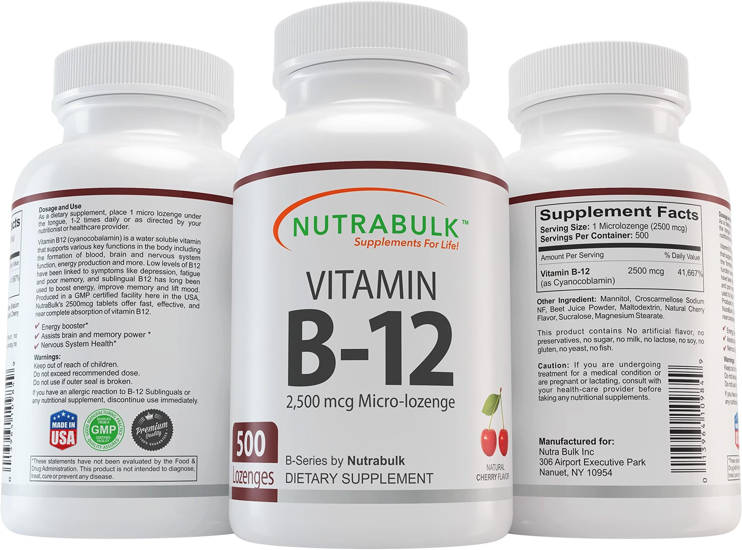 NutraBulkVitamin B-12 Capsules 2500 mcg Micro-Lozenge | Supports Cognitive & Overall Well Being, Helps to Assist Brain, Memory Power, Boosts Energy | Cherry Flavour - Sublingual Tablets (500)