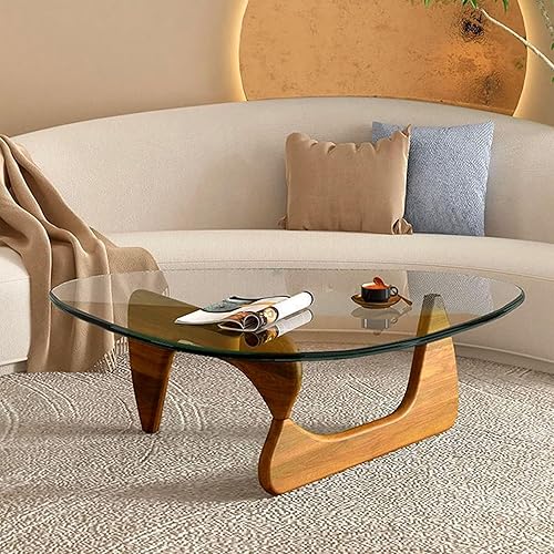 Triangle Coffee Table in Walnut Mid Century Modern Solid Wood Base and Triangle Clear Glass Coffee Table for Living Room Low Minimalist Tea Table