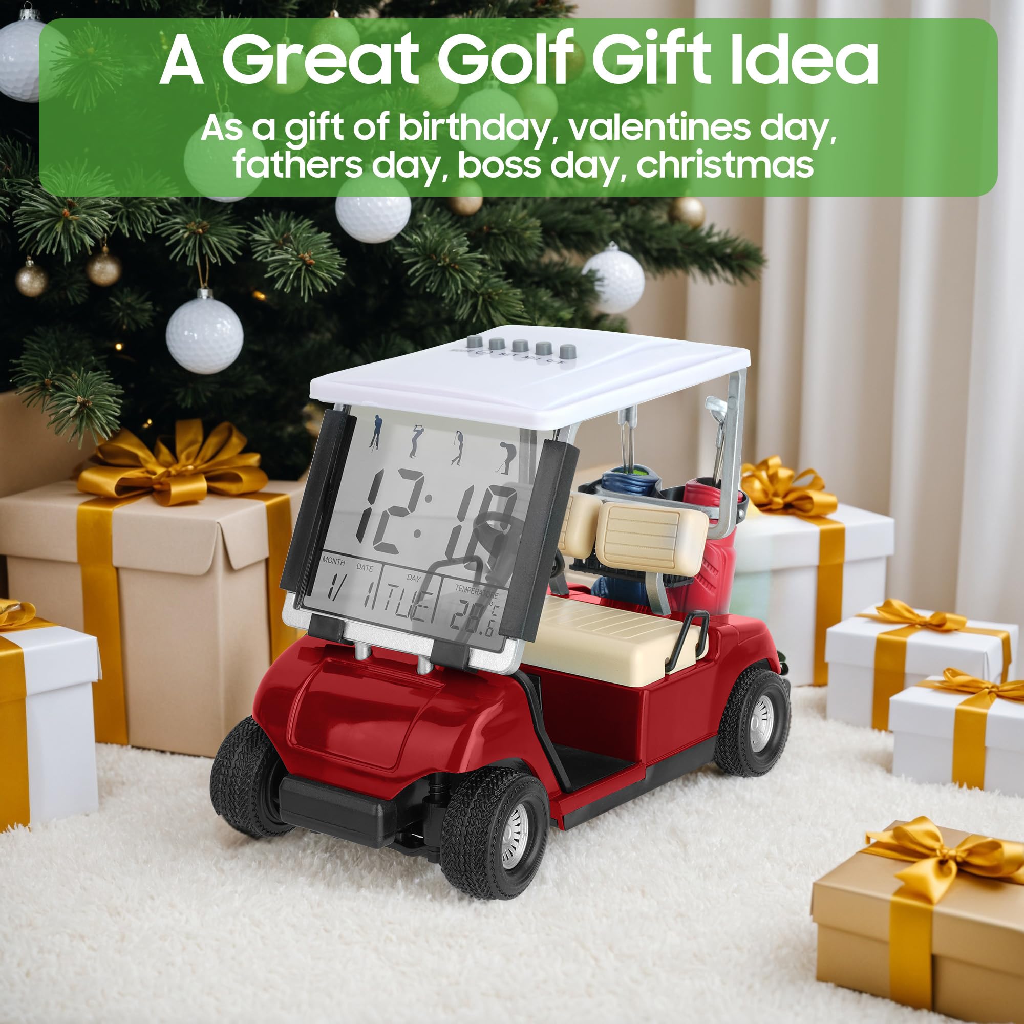 10L0L Réveil avec affichage LCD pour mini voiturette de golf, cadeau pour hommes, fans de golf, souvenir de course de qualité supérieure (rouge)