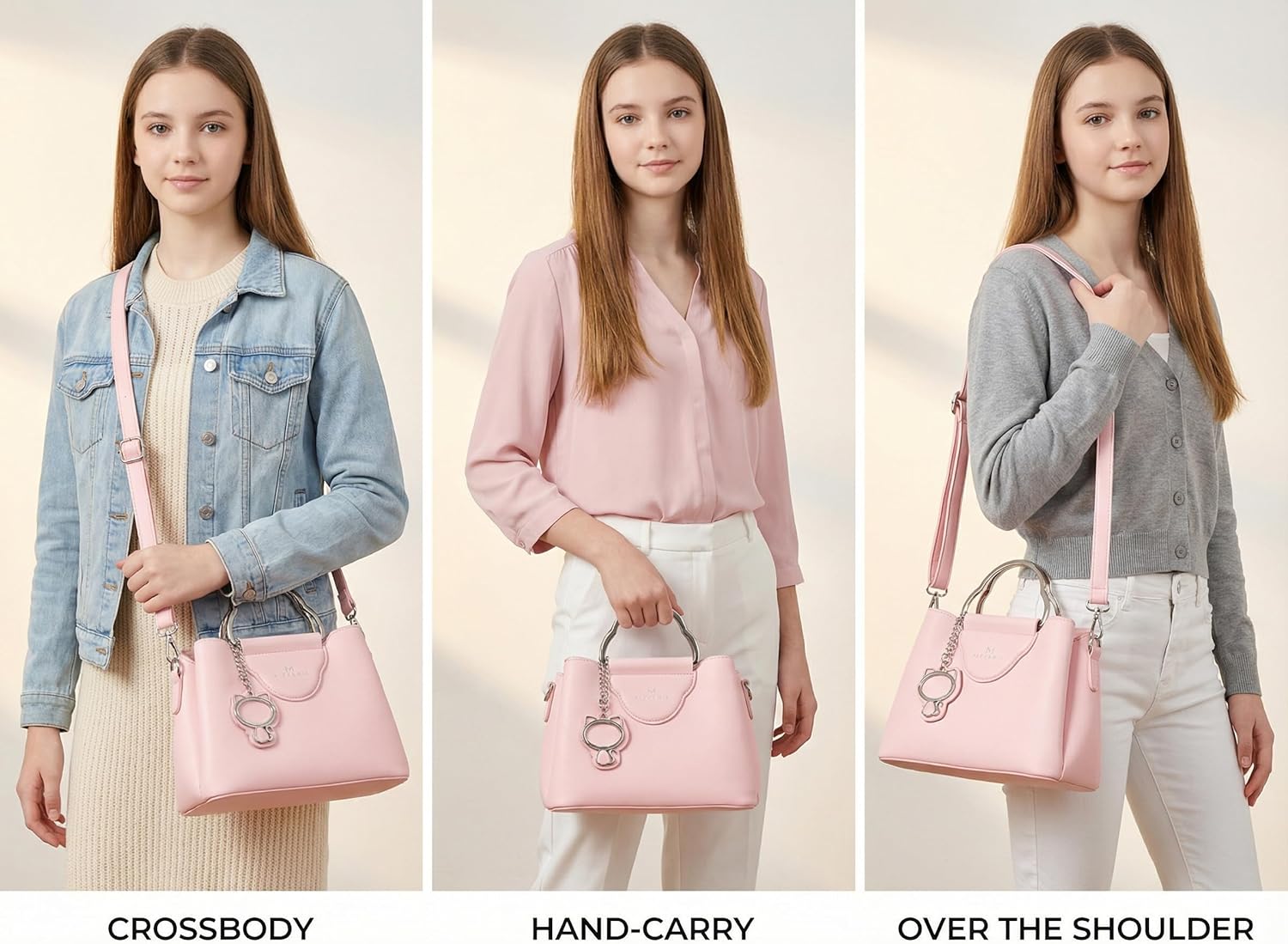Cat Charm Cute Mini Handbag, 3 Compartment Fashion Purse for Girls, Trendy Satchel Purse for School, Shopping & Daily Outfits