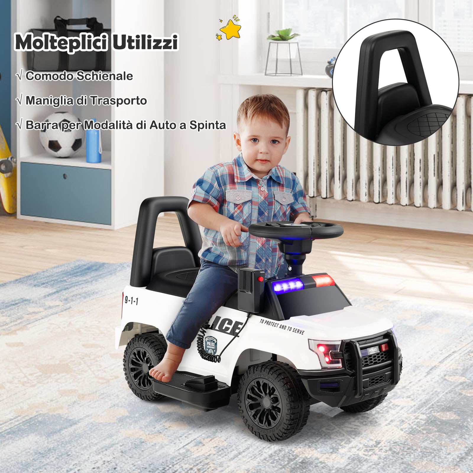 RELAX4LIFE Macchina Elettrica della Polizia per Bambini 6V, Velocità 3 km/h con Megafono Musica Sirena Lampeggianti e Fari, Porta USB,5-5 Anni,Portata 25 KG (BIANCO)