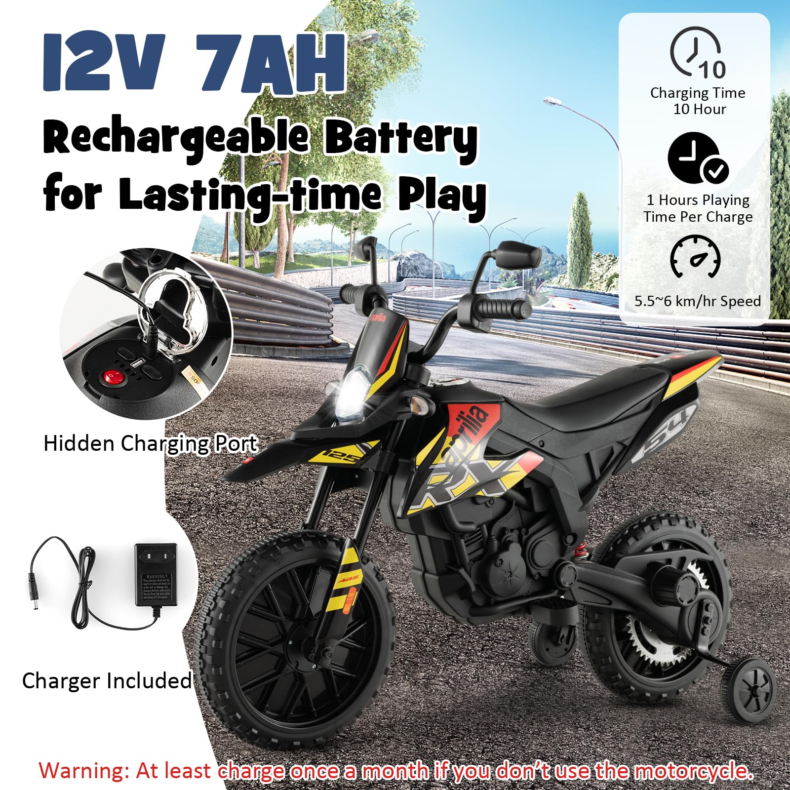 GYMAX Moto Elettrica 12V, Moto per Bambini con 2 Ruote di Supporto, Faro, Musica per Bambini 3-8 Anni, Veicolo per Bambini con Doppio Motore e Ammortizzatori, 5,5-6 km/h (Nero-Giallo)