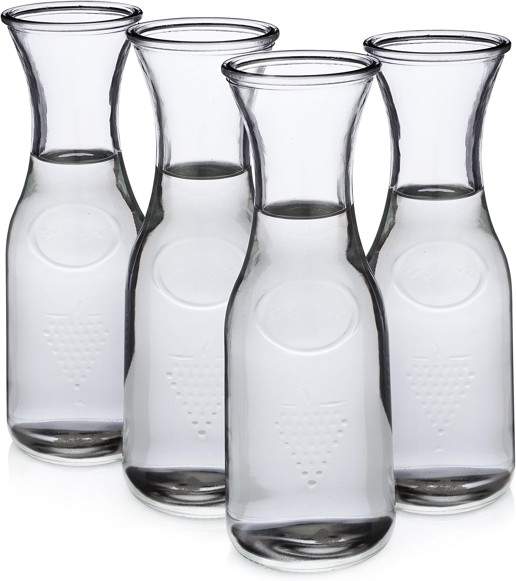 JUWA PREMIUM Glass Wine and Juice Carafe, Clear Water Bottle, Beverage Pitcher and Milk Jar Set, 34 oz, Set of 4