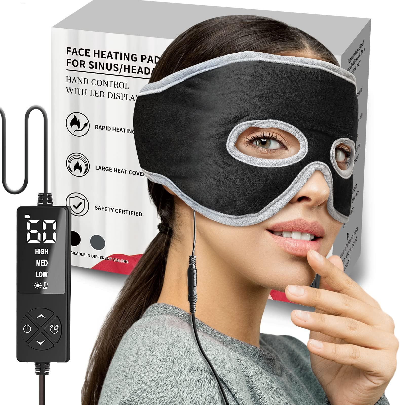 Sinus Relief Mask with 3 Heat Settings for Sinus Pressure Headache Relief, Extra Large Heated Eye Mask Electric Heating Pad for Face, Sinusitis, Dry Eye Therapy, Tension Headache Relief