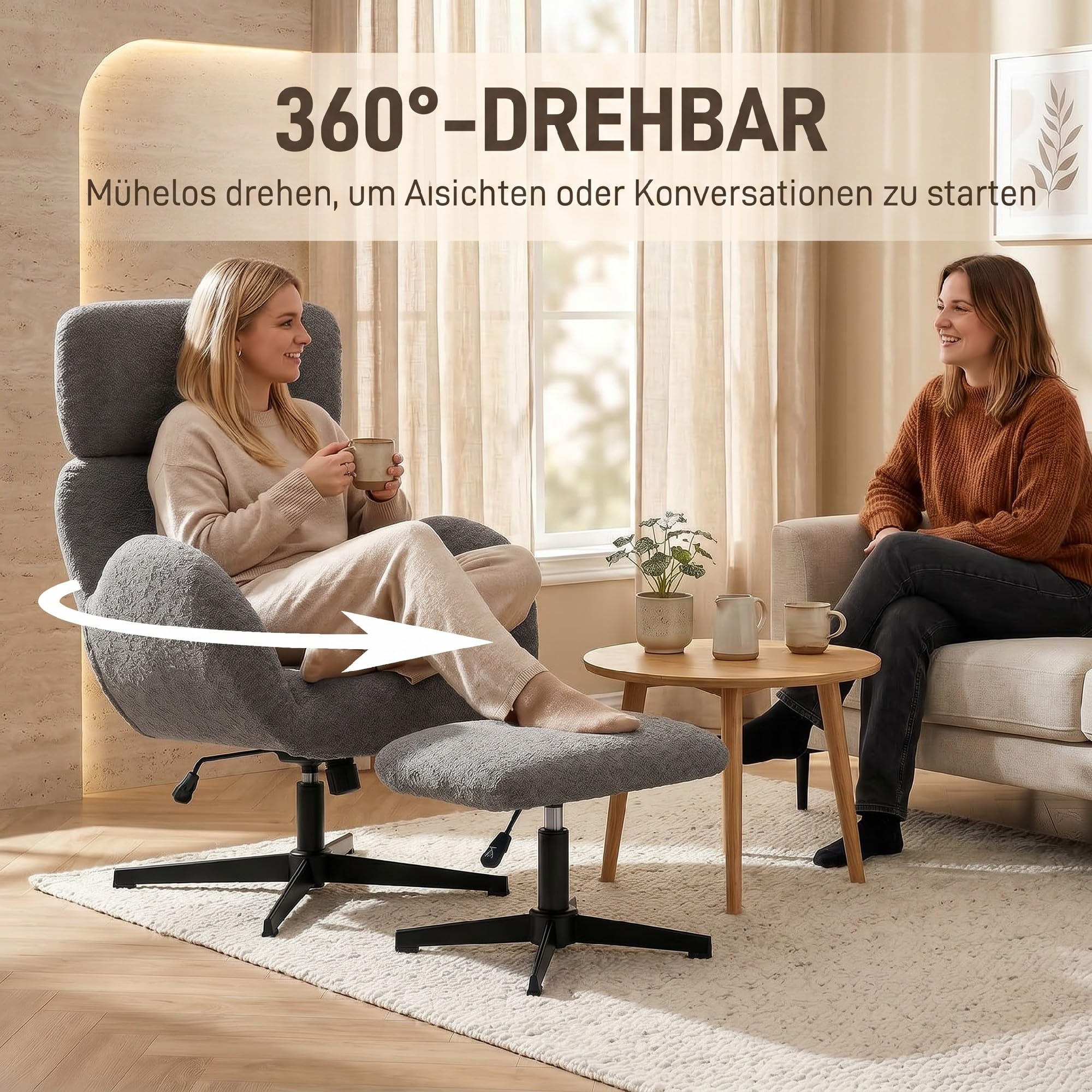 HOMCOM Relaxsessel mit Hocker Drehbarer Loungesessel mit Samtstruktur Grau