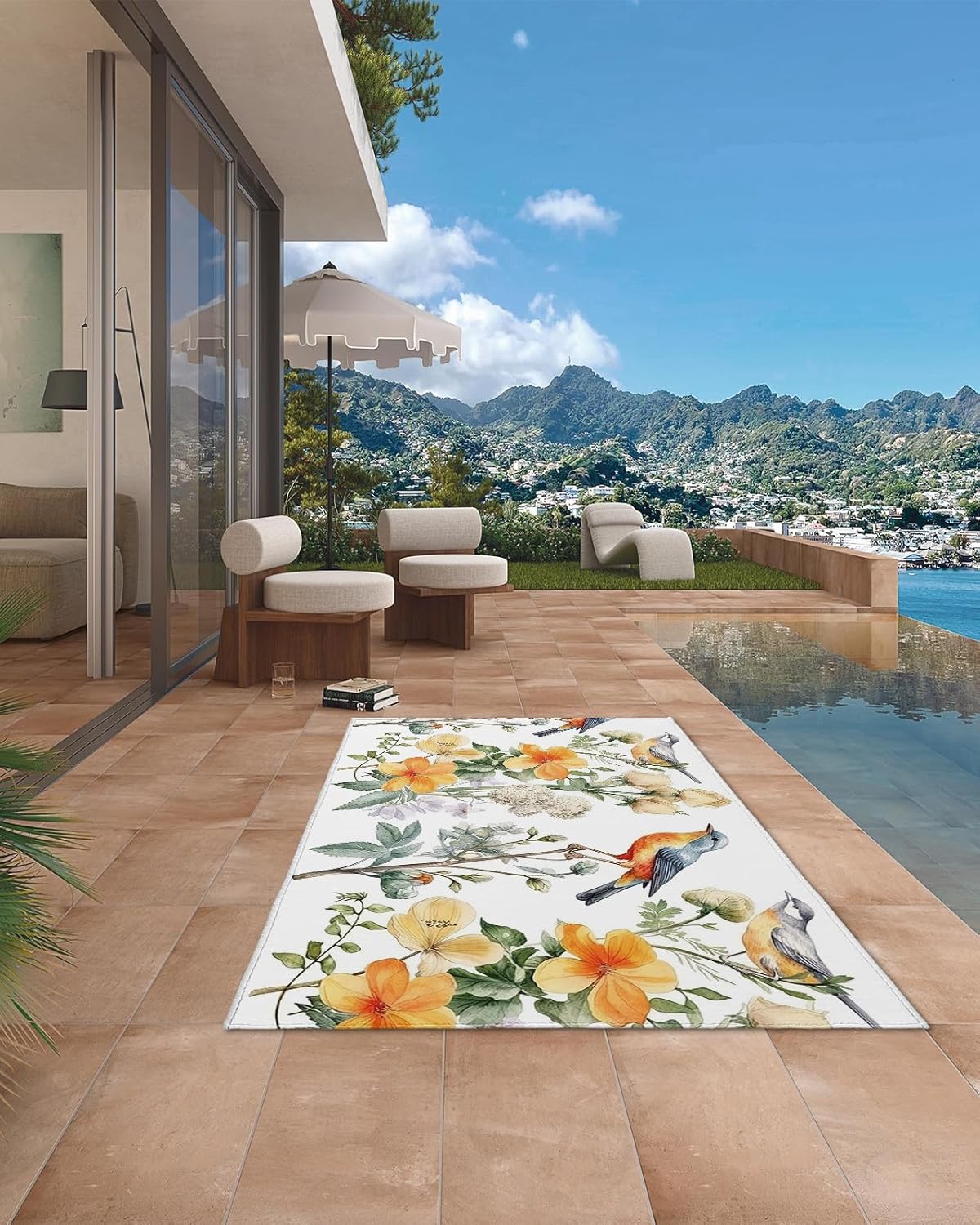 Outdoor Rug 4x6 ft Floral Bird Outdoor Large Area Rug Non Slip Rubber Flowers Green Leaves Washable Front Door Mat RV Rug Camping Carpet Patio Outdoor Rugs for Backyard Balcony Deck Porch Indoor