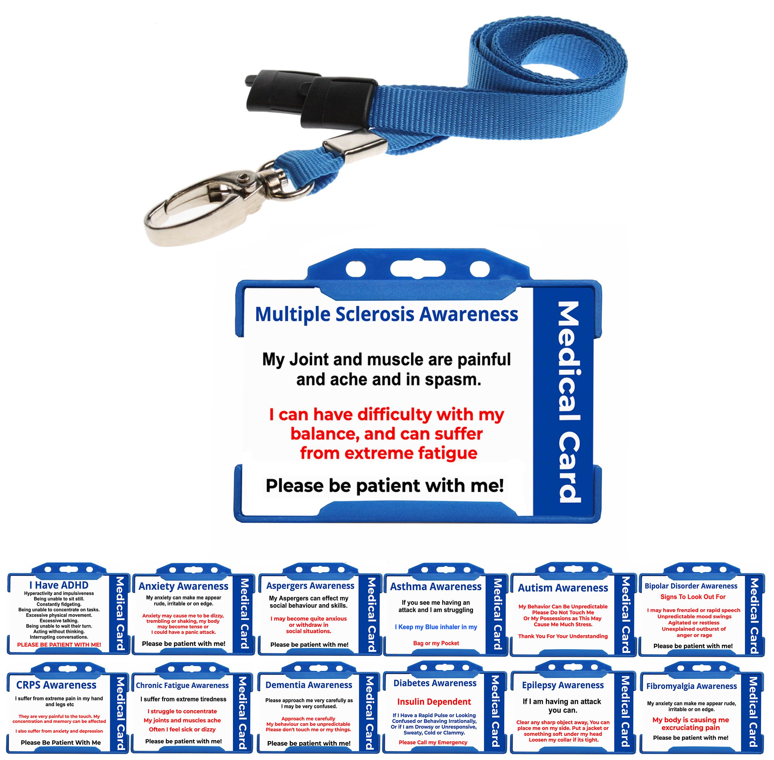 Quantum Leap Mulitple Sclerosis Awareness Hidden Disability Badge Printed Plastic Medical Card - with Blue Holder & Blue Lanyard โ image 1