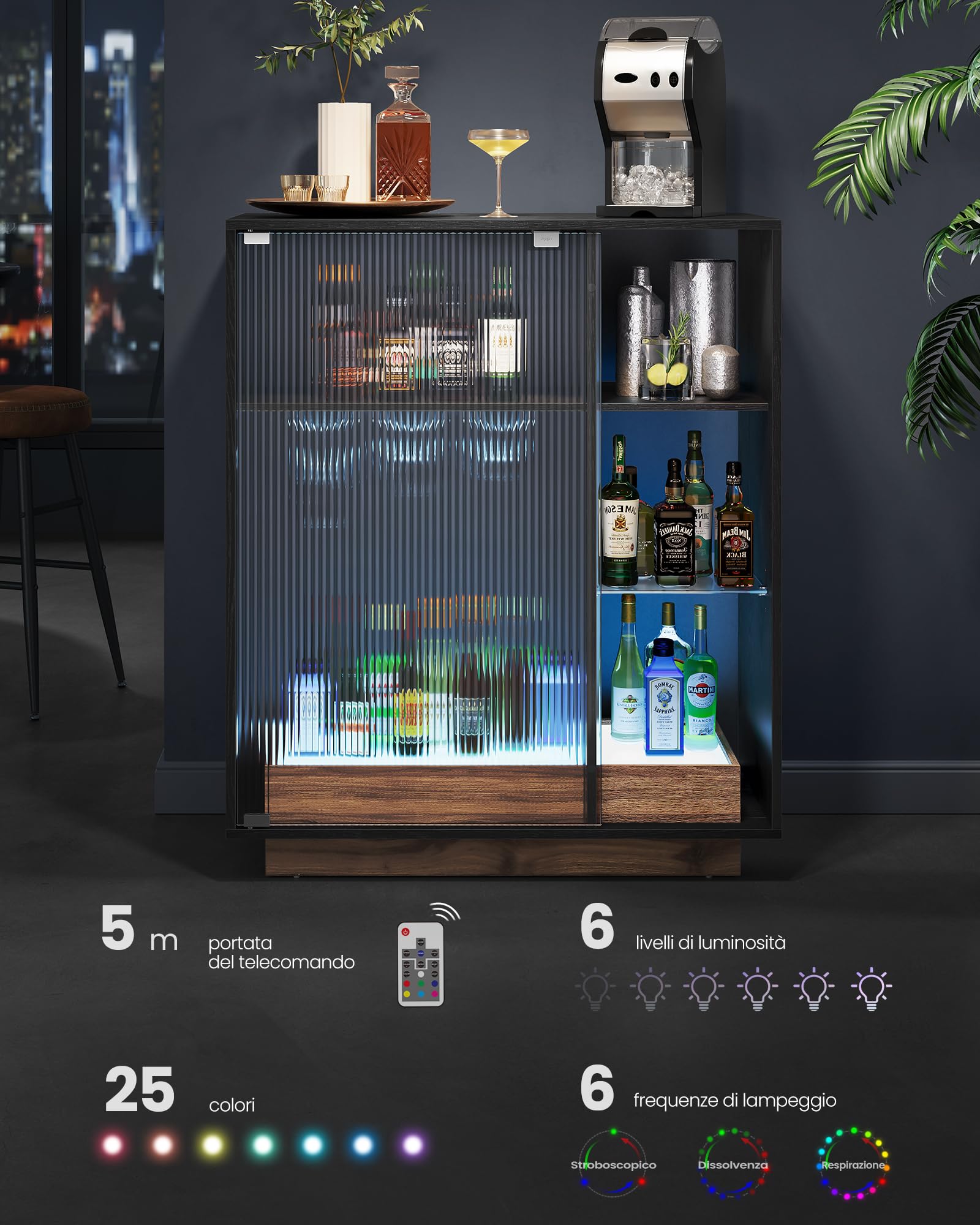 VASAGLE Mobiletto Bar con Illuminazione, Credenza con Luce LED e Spazio per Vino, Angolo Bar per Liquore, con Porta Calici, Anta in Vetro Scanalato, per Salotto, Nero Ebano BBK361B21
