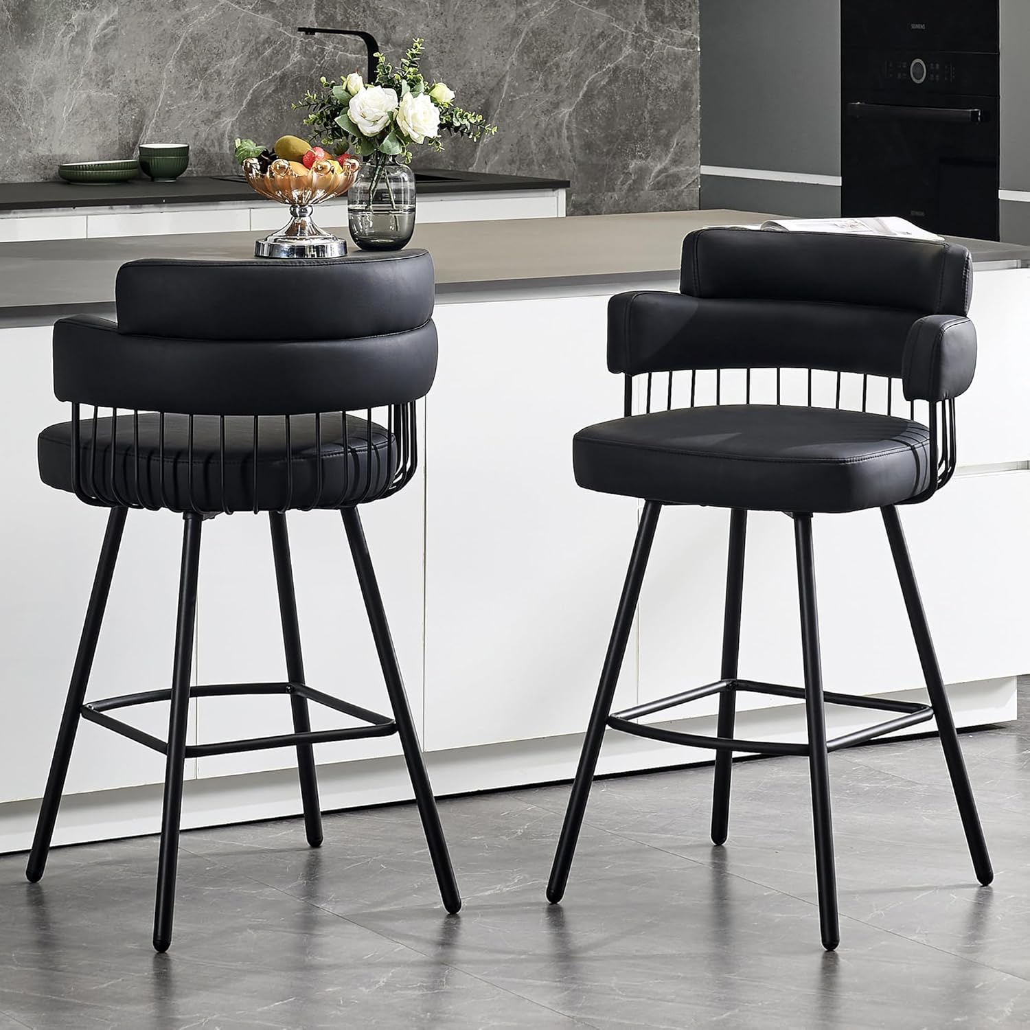 BFZ Bar Stools Set of 2, 27" Modern Counter Height Bar Stools with Back and Footrest, Upholstered Faux Leather Barstools for Kitchen Counter, Island