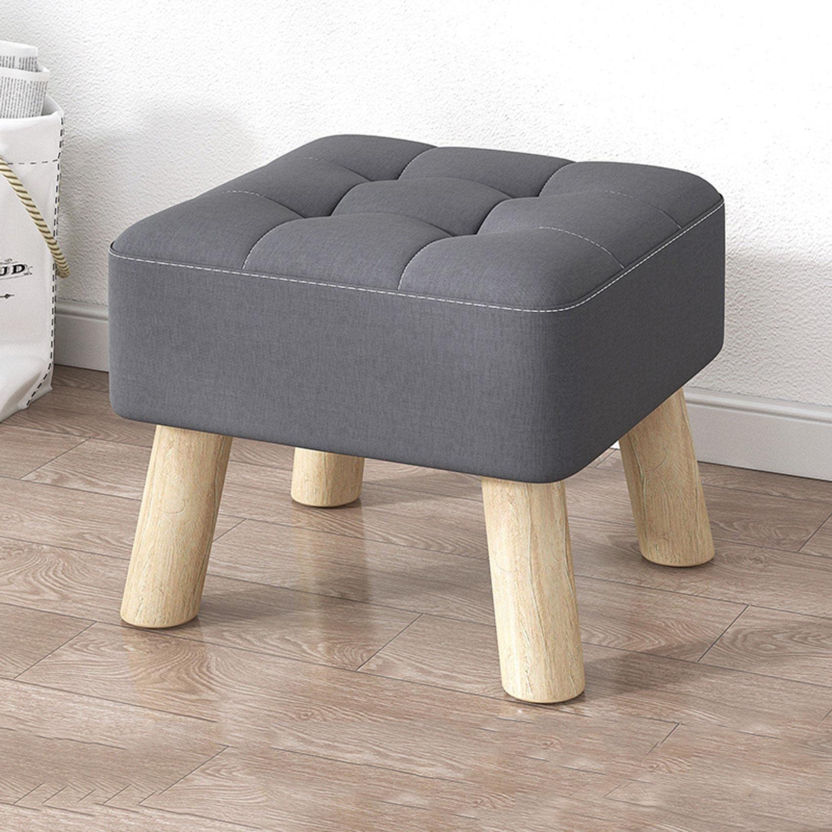 LMMIAOZ Linen Foot Stool with Wood Legs for Living Room and Bedroom Gray Pouffe Stool for Shoe Changing and Resting 30x30x26cm