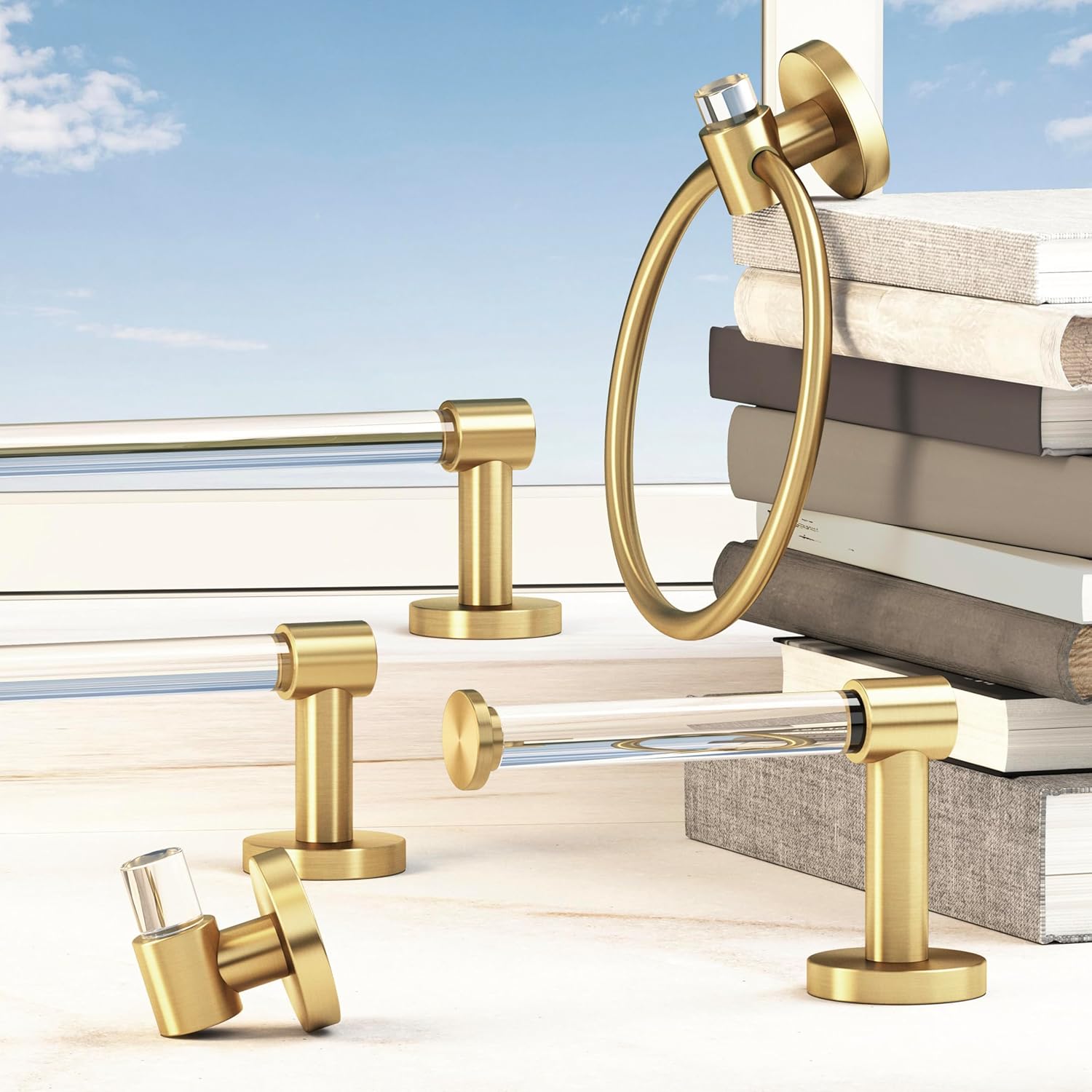 Gatco 5735 Clarion Bath Towel Hook | Wall Mount Bathroom Towel Holder, Modern Robe and Towel Hook | Acrylic & Brushed Brass Finish