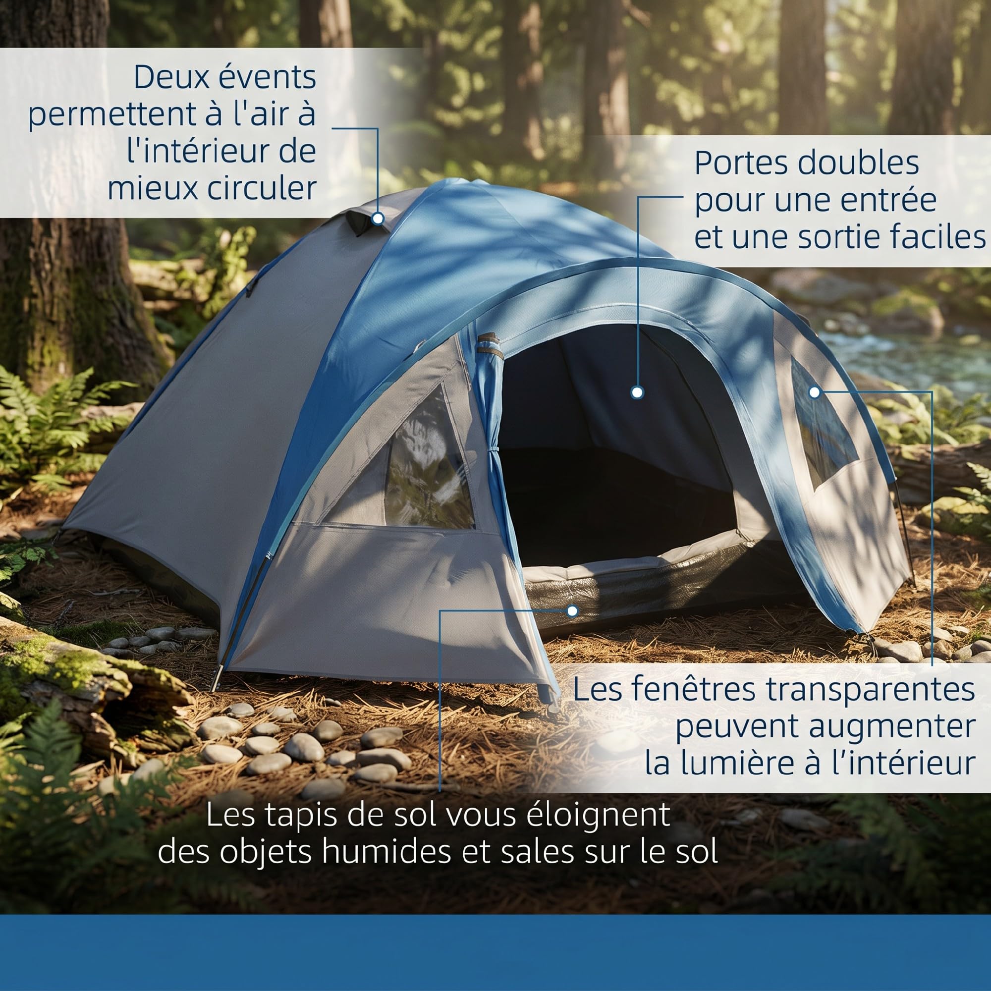 Outsunny Tente de Camping familiale 3 Personnes, légère, étanche, ventilée | Double porte et fenêtres, facile à installer, tente dôme en fibre de verre polyester 3L x 2,50l x 1,30H m, bleu marine