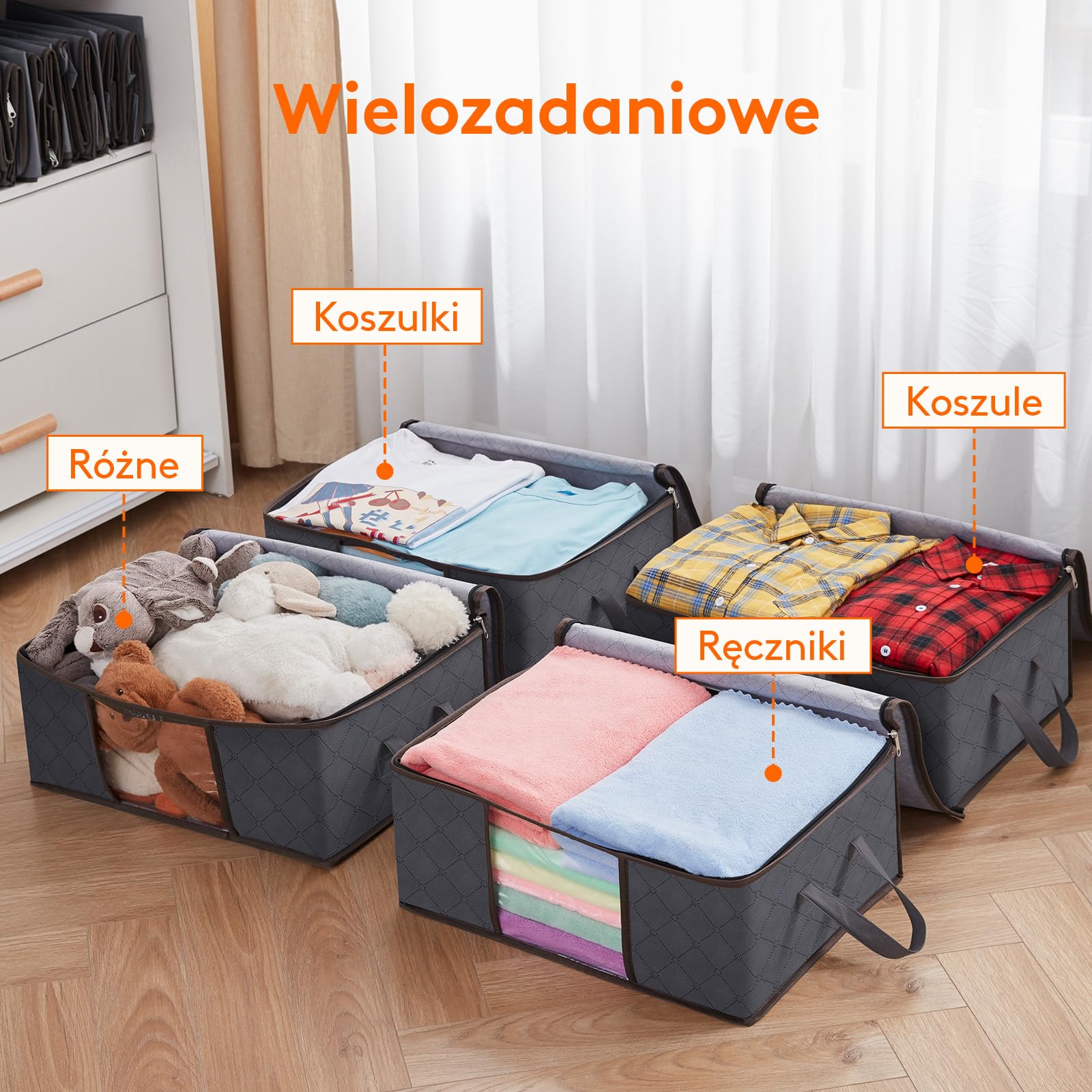 Lifewit Torba do Przechowywania Ubrań Składany Pojemnik do Przechowywania Szafa ze Wzmocnionym Uchwytem Wytrzymała Tkanina Przezroczyste Okienko na Swetry,Płaszcze,T-shirty,Koce,Opakowanie 6,35L,Szary