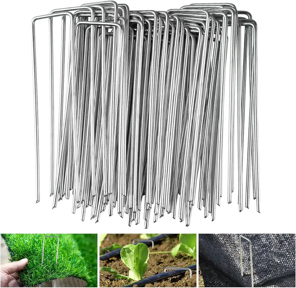 Velway Lot de 50 Piquets de Fixation pour Jardin - 150x36mm Ø 3mm Piquets de Fixation en Acier Galvanisé Forme de U pour Toiles de Paillages, Grillage et Filets