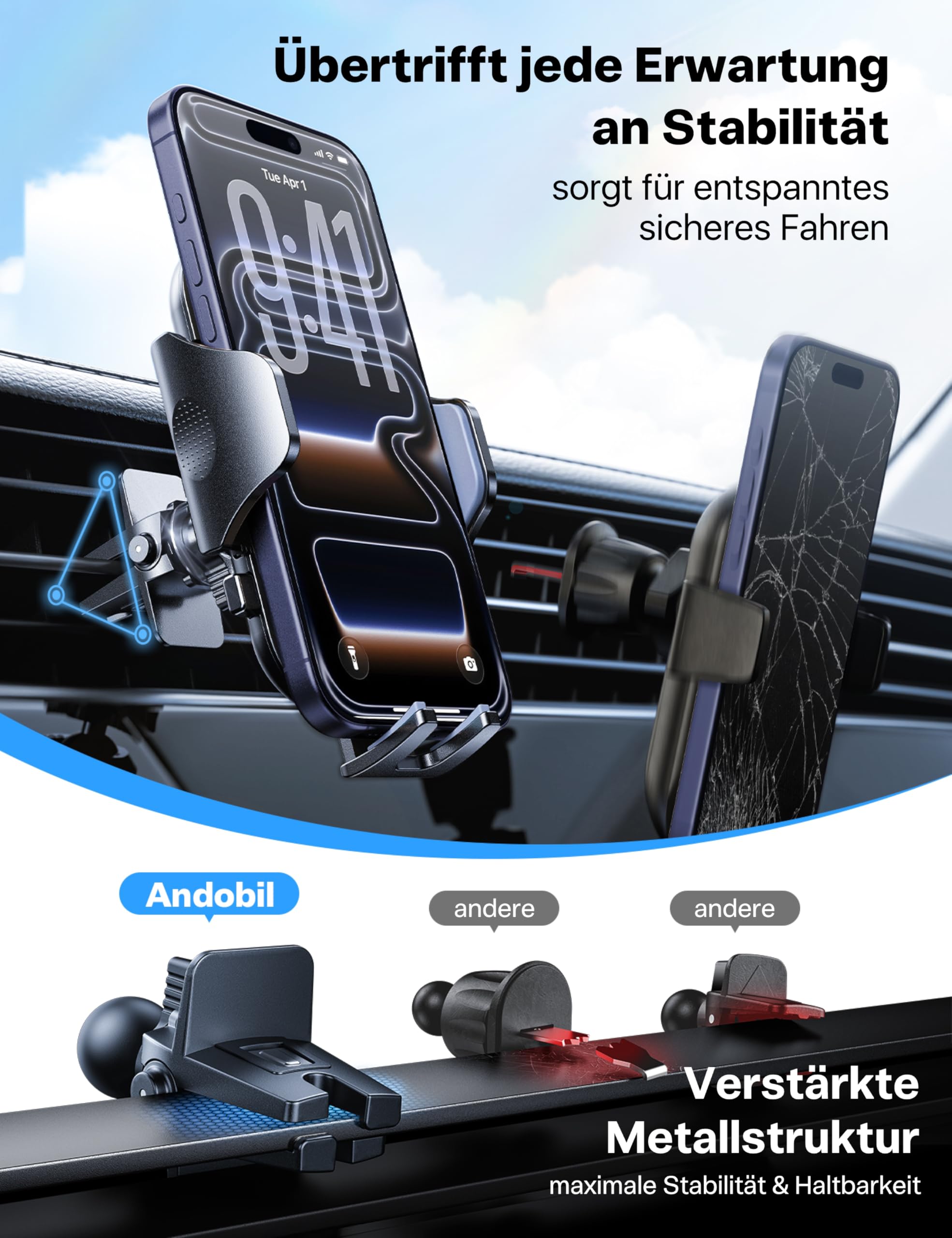 andobil Handyhalterung Auto [2026 Neueste Saugnapf] 3 in 1 Saugnapf & Lüftung Halter Universale KFZ Autohalterung Zubehör für iPhone 17 Pro Max Air 16/15/14/13/12 Samsung Galaxy S25 Ultra/S24/S23 Usw