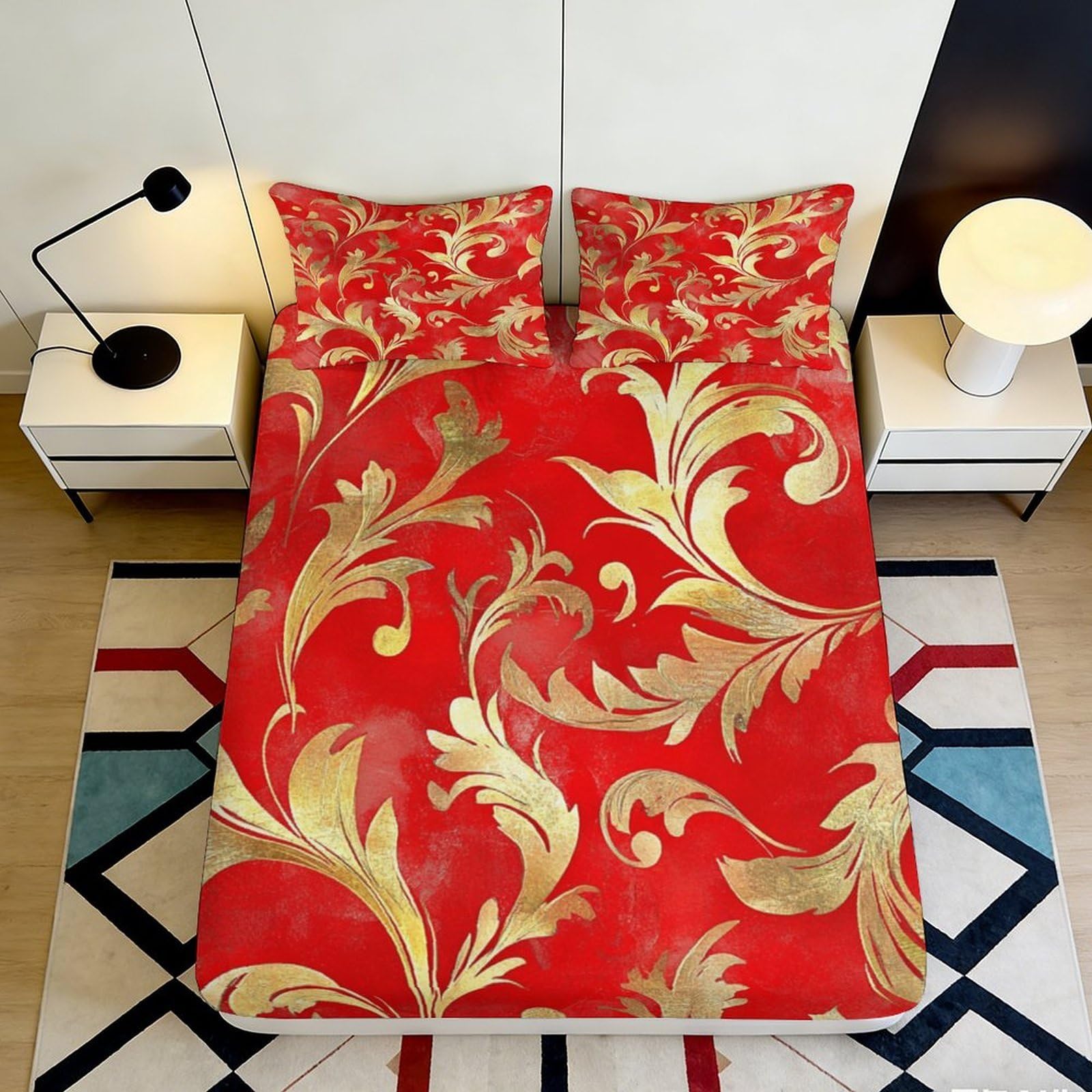 3D Printed Baroque Red Gold Leaf Fitted Sheet Microfiber Non Slip Bed Sheet for Bedroom Guest Room Decor 90x200x25cm