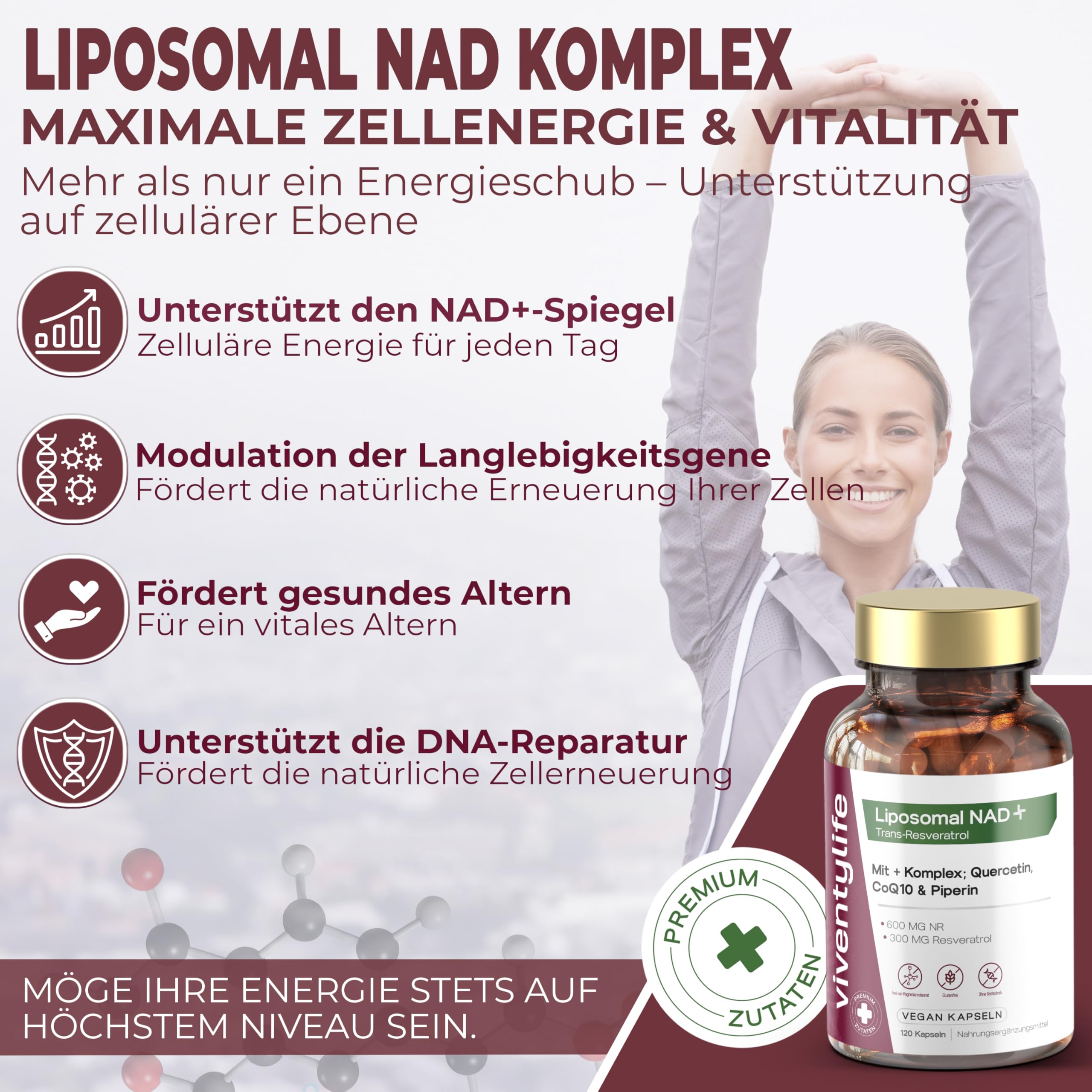 Liposomal NAD+ Komplex Nicotinamid-Ribosid mit Resveratrol, Quercetin, Coenzym Q10, TMG, Piperin und Vitamin D3 & B2-120 Vegan Kapseln