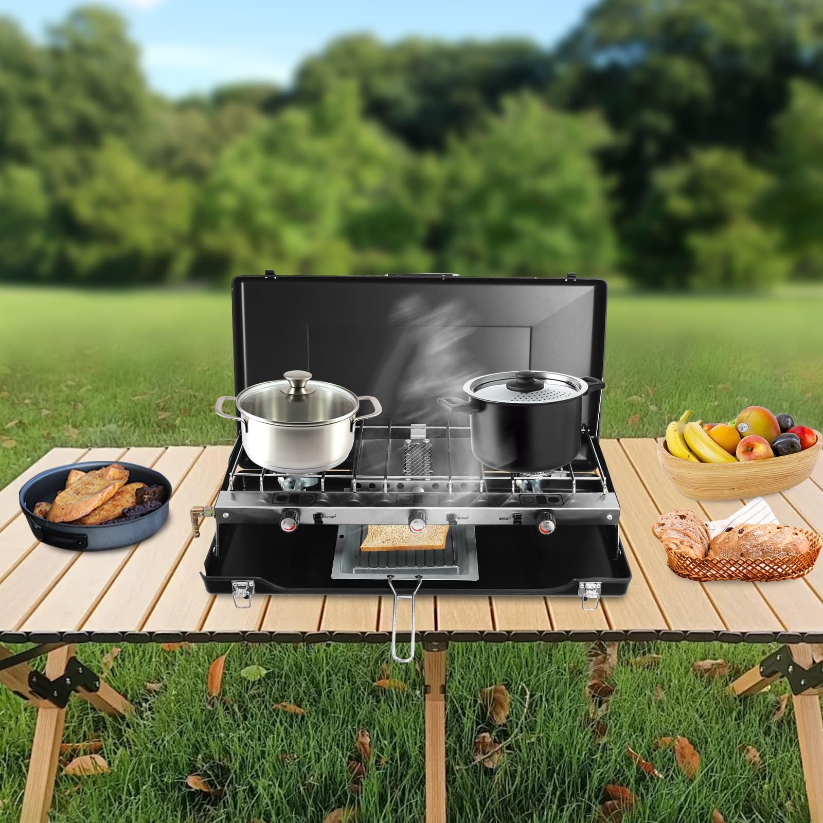 Réchaud d'Extérieur Portable avec 3 Brûleurs 1500W, Pliable et Compact, Alimenté par Propane/Butane, Idéal pour Camping, Caravaning, Barbecue en Plein Air
