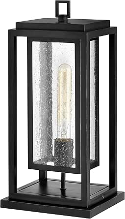 Hinkley Republic Single Light Medium Outdoor Pier Mount Lantern, Transitional/Modern, Double Frame Design, Coastal Elements, Black Finish