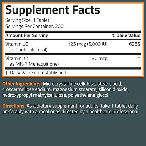 Vista 19 de Bronson Suplemento de vitamina K2 D3 (MK7) Fórmula sin OMG Vitamina D3 5000IU (125 mcg) y 90 mcg K2 MK-7, complejo D y K fácil de tragar, 120