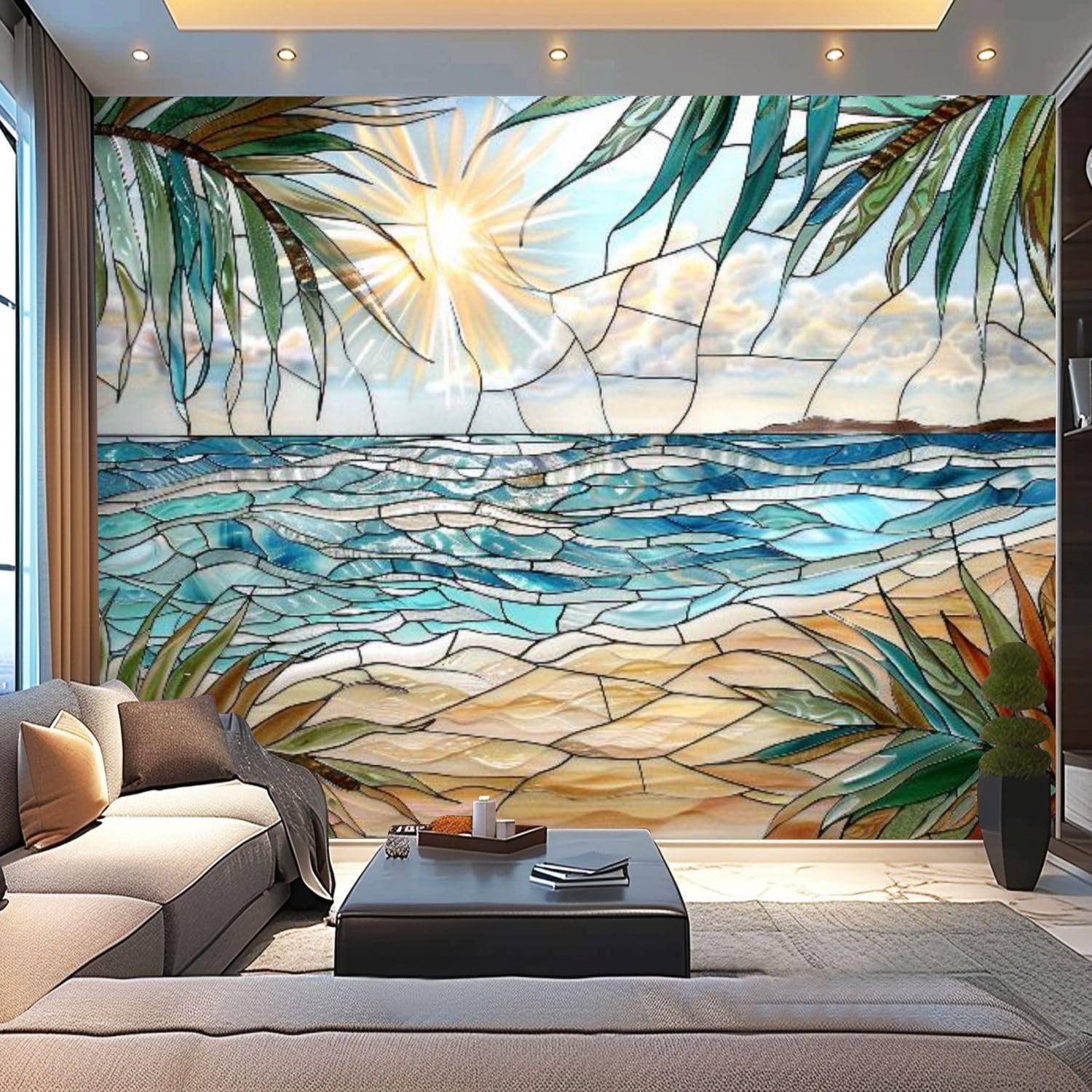 3D Modern Canvas Wallpaper Mural Stained Glass Palm Shore Beachscape Window Panel Peel and Stick Removable Self Adhesive Wall Stickers for Living Room Kids Bedroom Home Decor, 100x144inch