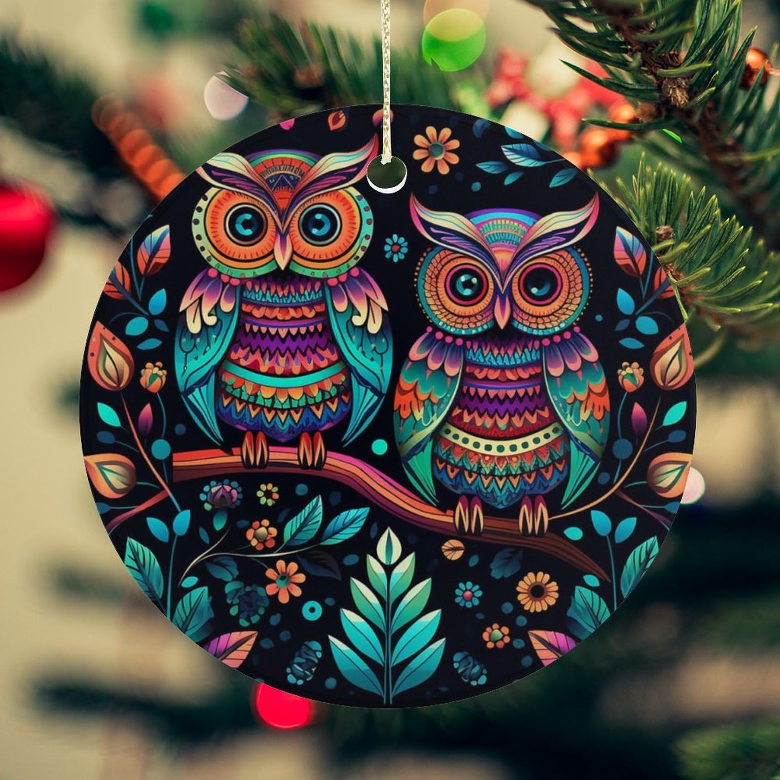 Colorful Owl Pictures Christmas Ornament for Christmas Tree Ceramic Round Ornament Winter Holiday Keepsake Gift 2.7" Christmas Tree Hanging Decorations Circle Ceramic Pendant Xmas Gift