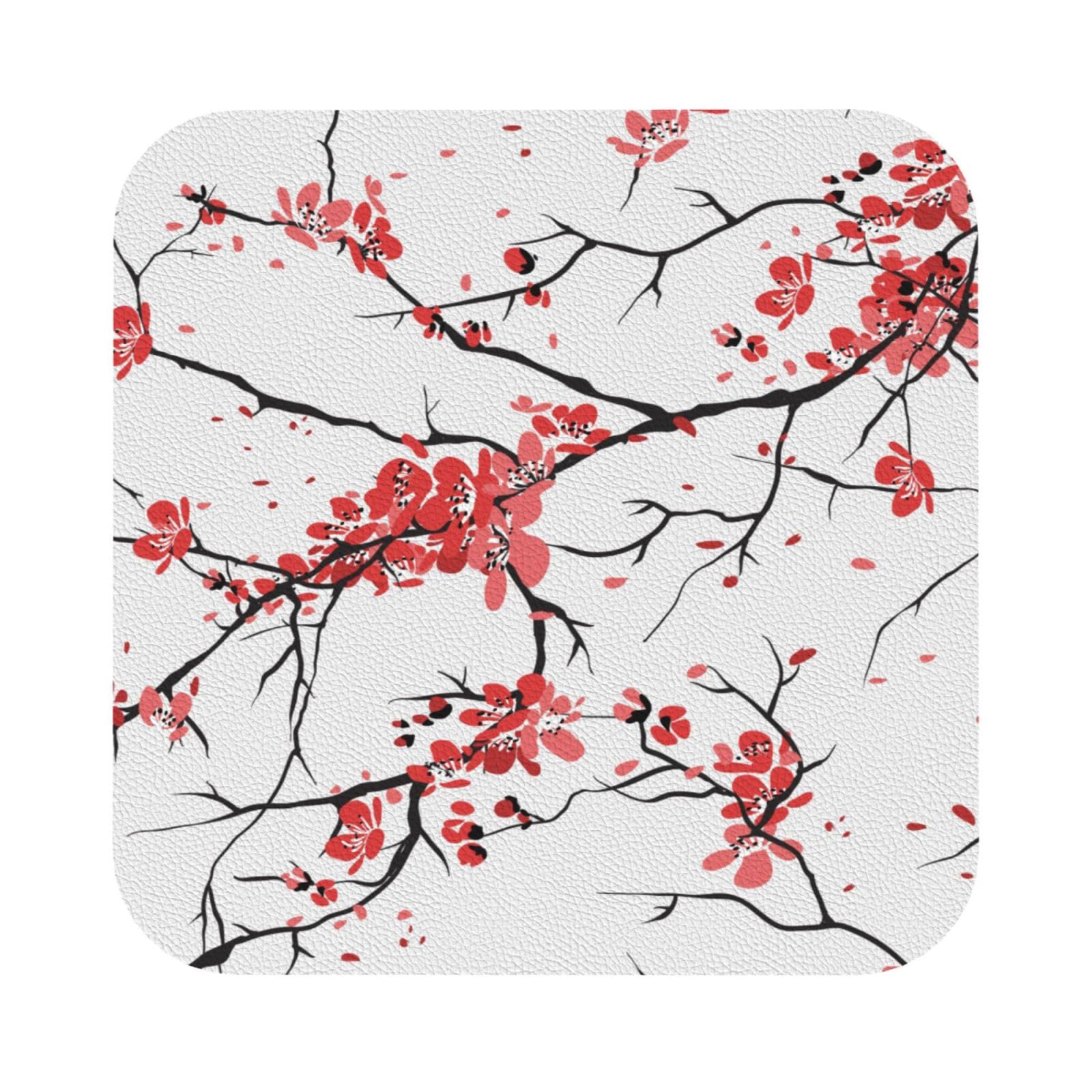 delicate cherry blossoms PU Leather Coasters Set of 6 Square Drink Coasters