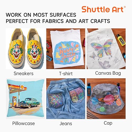 Miniatura 8 de Shuttle Art - Pintura para tela metálica, 18 colores metálicos, pintura suave permanente en botellas (2.3 fl oz/2 onzas) con pincel y plantillas