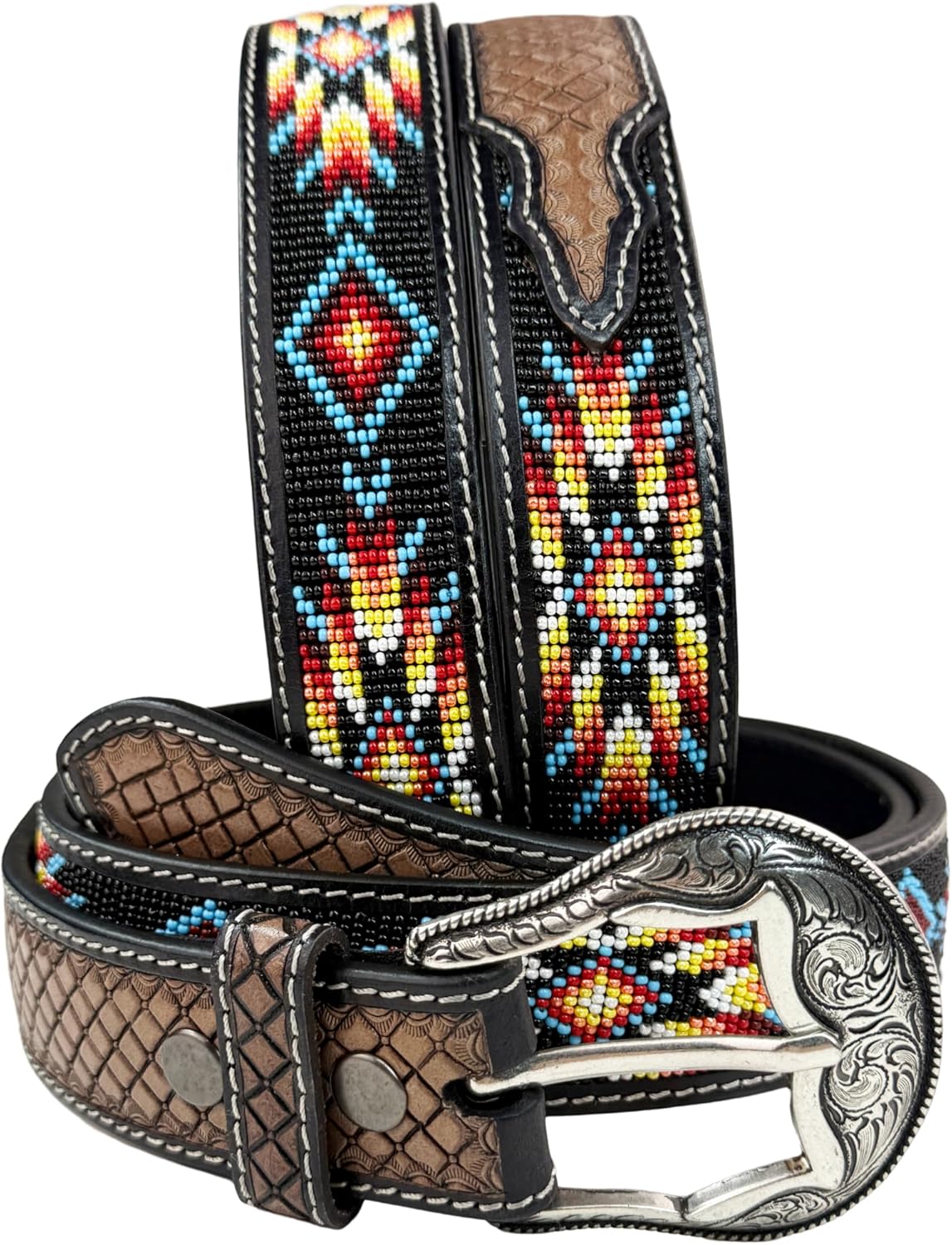 Western Belt for Men Women Full Grain Beaded Leather Cowboy Belt 1.5” Wide With Buckle Handmade Engraved Tooled