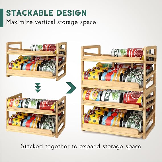 Yumkfoi Rolling Bamboo Can Organizer Rack, Stackable Can Storage