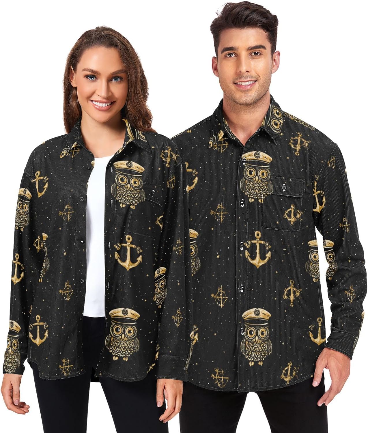 Funny Ocean Owl Gold and Black Woolen Cord Fabric Long Sleeve Thermal Shirt Men for Women Travel with Pockets