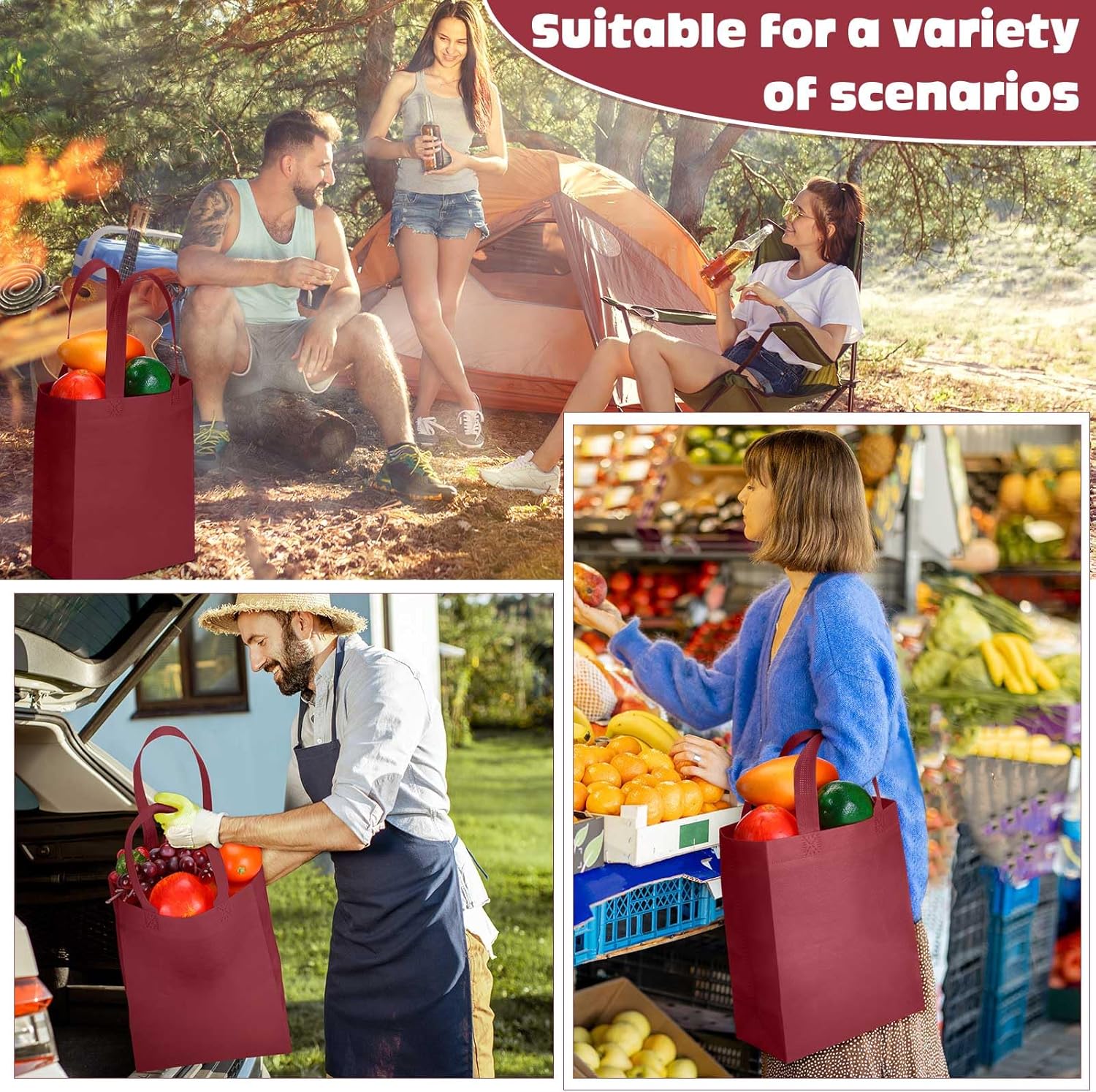 Windyun 50 Pcs Reusable Tote Bag Bulk 8 x 4 x 10 Inch Non Woven Shopping Bag with Handle Christmas Reusable Grocery Gift Tote (Wine Red) - Image 6