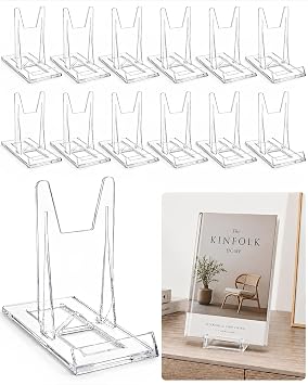 12 Pack Book Display Stand - Clear Adjustable Book Acrylic Holder, Easel Stands for Comic Books, Albums, CDs, Magazines, Photos, Home Office Shelf Decor