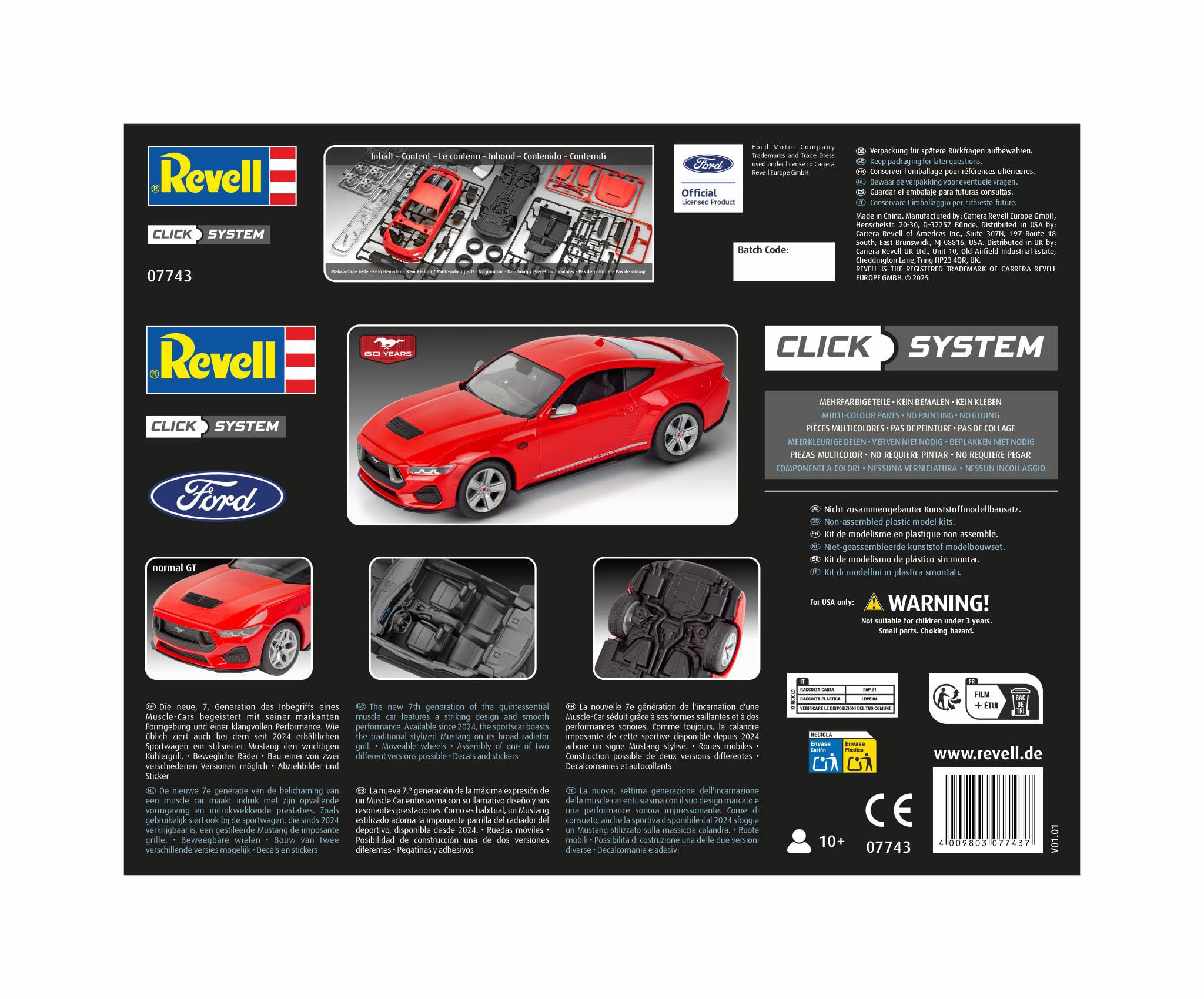Revell 07743 2024 Ford Mustang GT Click System escala 1:25 - Kit de modelo de plástico sin construir/sin pintar