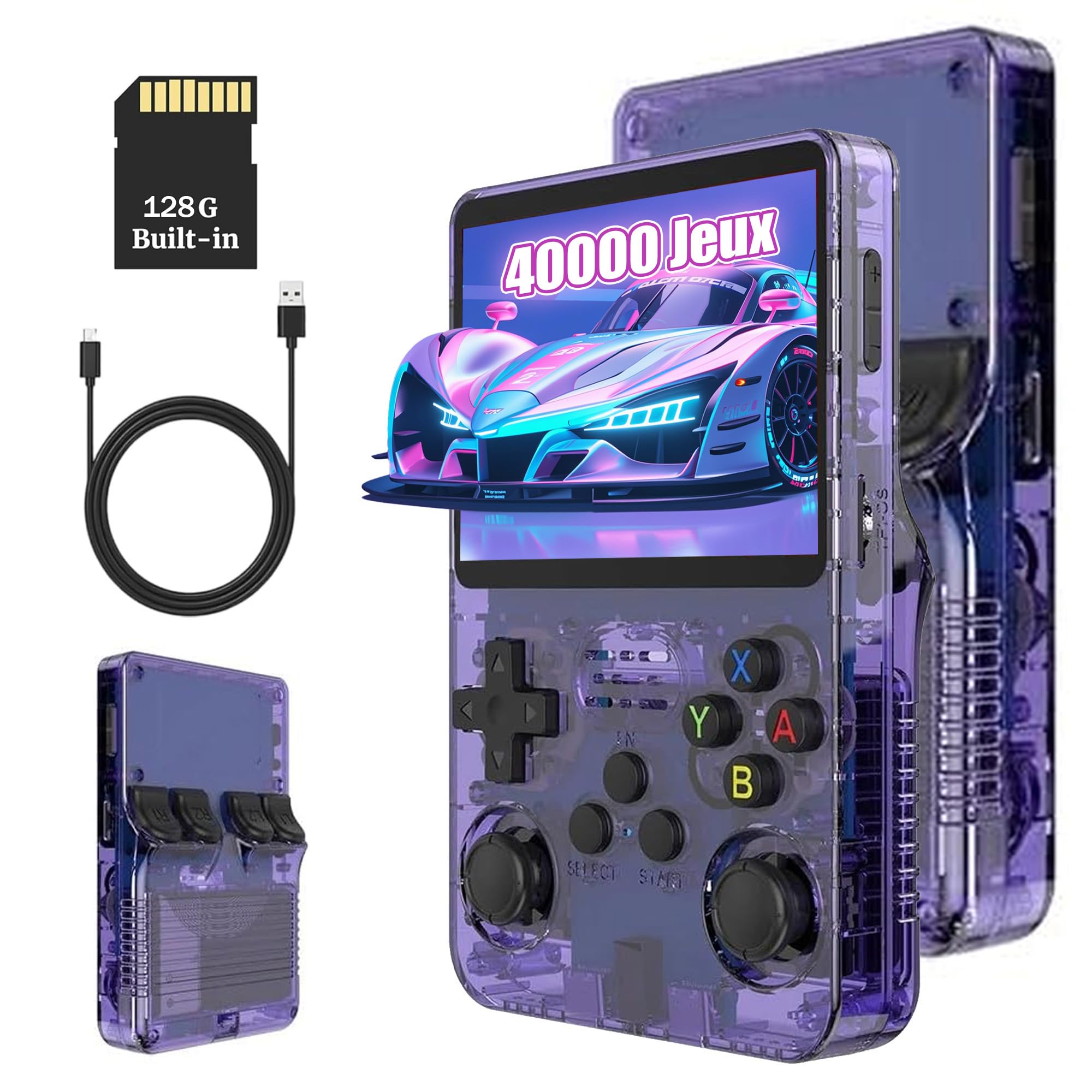 R36S Console de Jeux Rétro, avec Écran IPS de 3,5", 128 Go Plus de 40 000 Jeux, Console de Jeu Portable pour Enfants et Adultes, Prend en Charge Plusieurs Émulateurs (Violet)