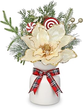 Christmas Centerpieces for Tables, Christmas Floral Arrangements Artificial Magnolia Flowers in Vase Small Xmas Table Arrangements with Ceramic Vase Winter Holiday Table Centerpiece for Dinner Tables
