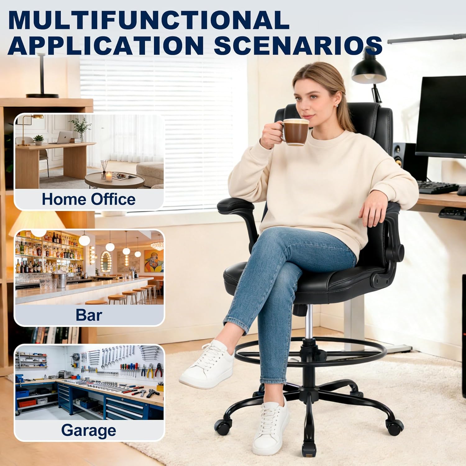 Misolant Drafting Chair with Footrest Ring, Tall Office Chair for Standing Desk, PU Faux Leather Bar Counter Height Chairs with Adjustable Height, 360° Swivel Wheels for Garage Office, Black