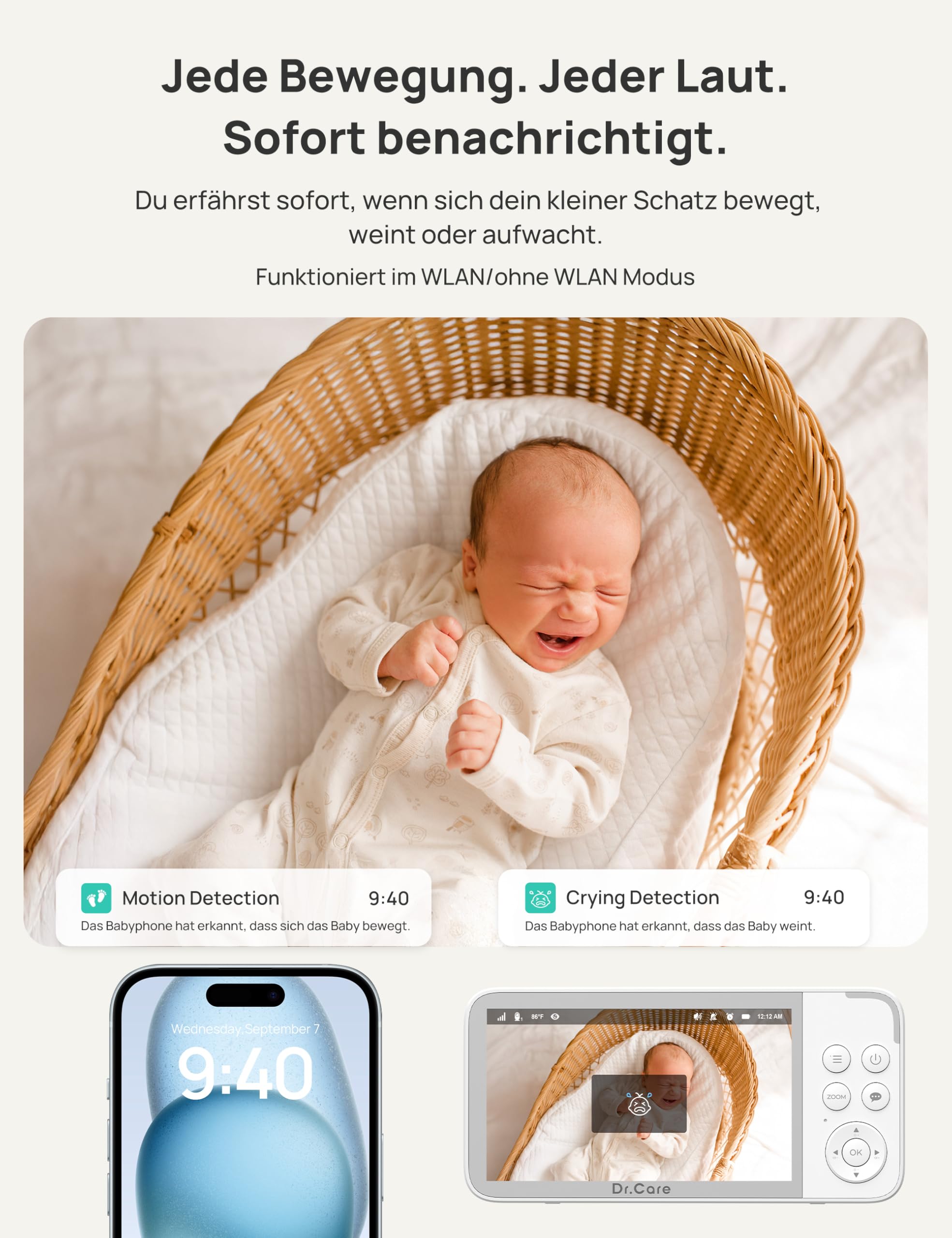 Dr.Care VistaView Smart WLAN Babyphone, 5” 1080P HD, 2K Kamera, App-Steuerung, Bewegungs- & Weinen-Alarm, Nachtsicht (babyphone mit 2 Kamera)