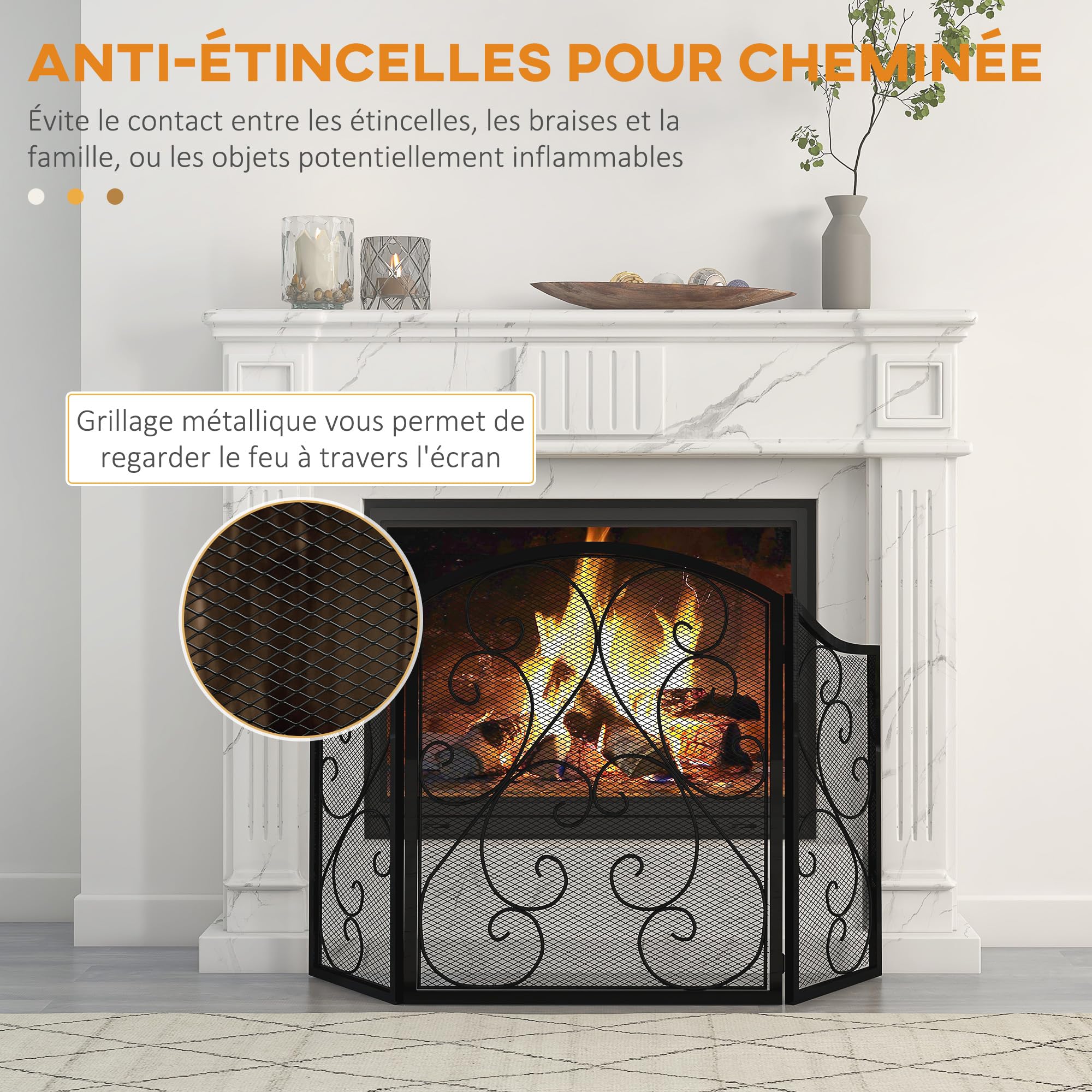 HOMCOM Pare-feu cheminée Pare-étincelles 3 Volets Pliables Grille de Protection pour cheminée ou poêle - dim. 66 x 31 x 81 cm - métal Noir